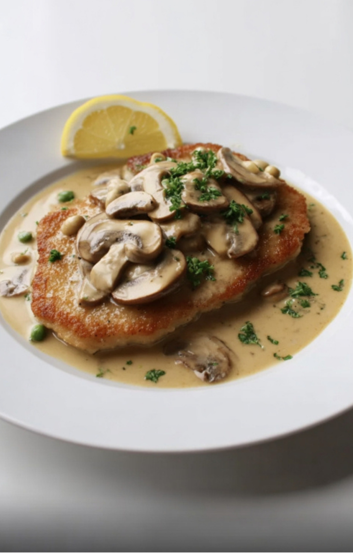Veal cutlet on a white plate covered in lemony mushroom sauce, garnished with fresh parsley and lemon.