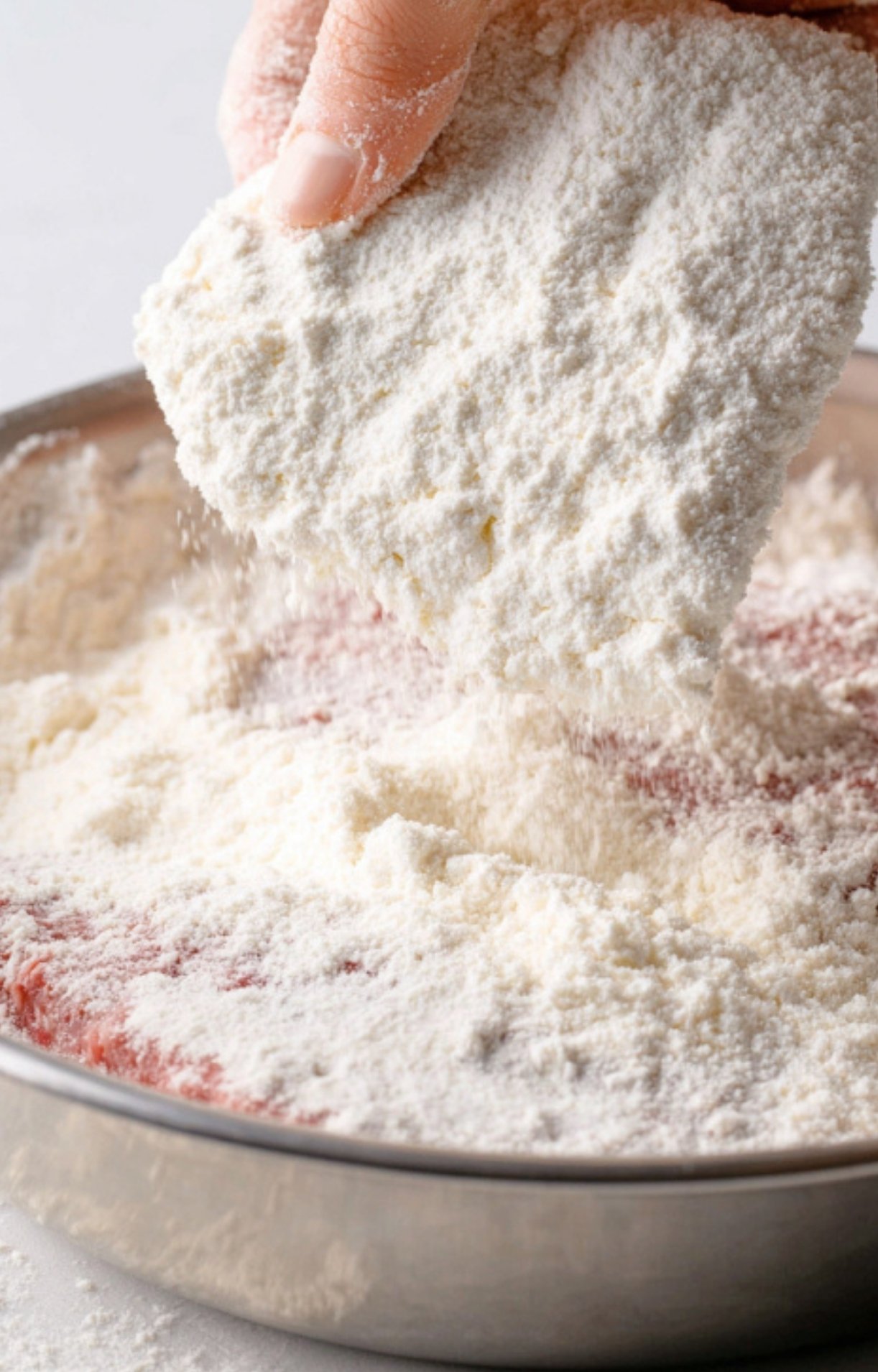 Hand dipping a thin veal cutlet into a bowl of flour, preparing for pan-frying.