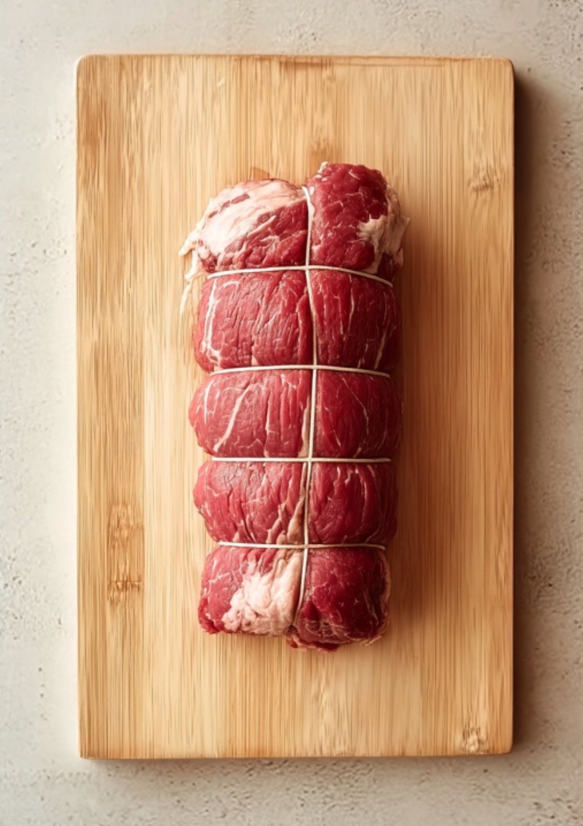 Uncooked beef tenderloin roast tied with twine on a wooden board, the essential first step for homemade beef Wellington puff pastry, ideal for festive and elegant meals.