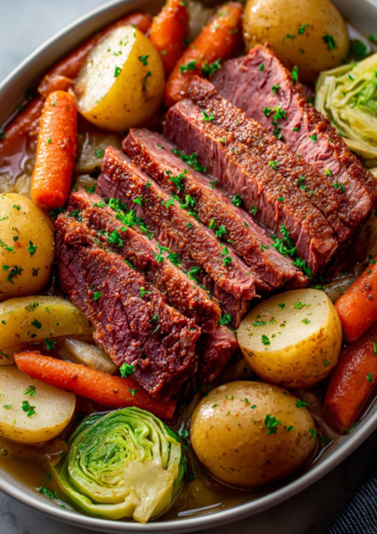 Close-up of juicy corned beef slices surrounded by potatoes, carrots, and cabbage for an easy, comforting slow cooker dinner.