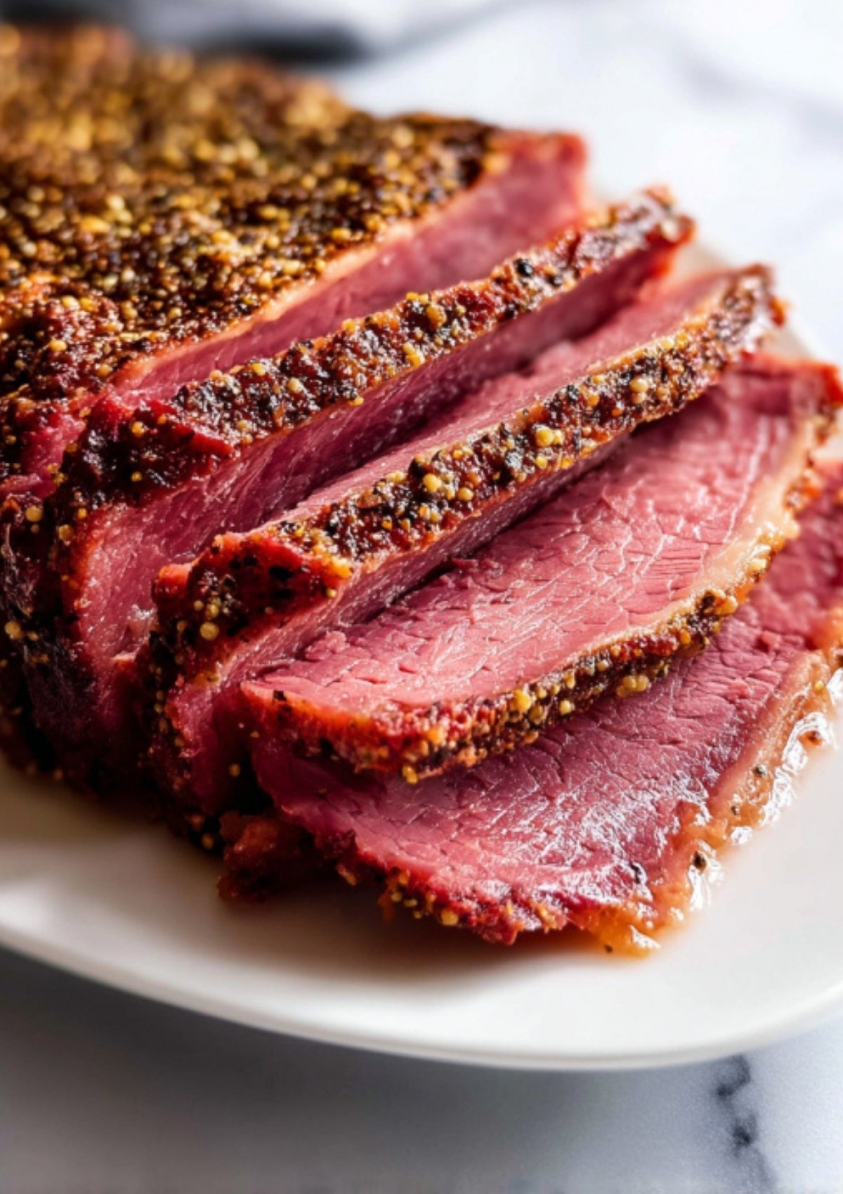 Close up of perfectly baked flat cut corned beef brisket with a peppery crust, sliced for serving. This easy recipe is perfect for family gatherings and St. Patrick’s Day celebrations.