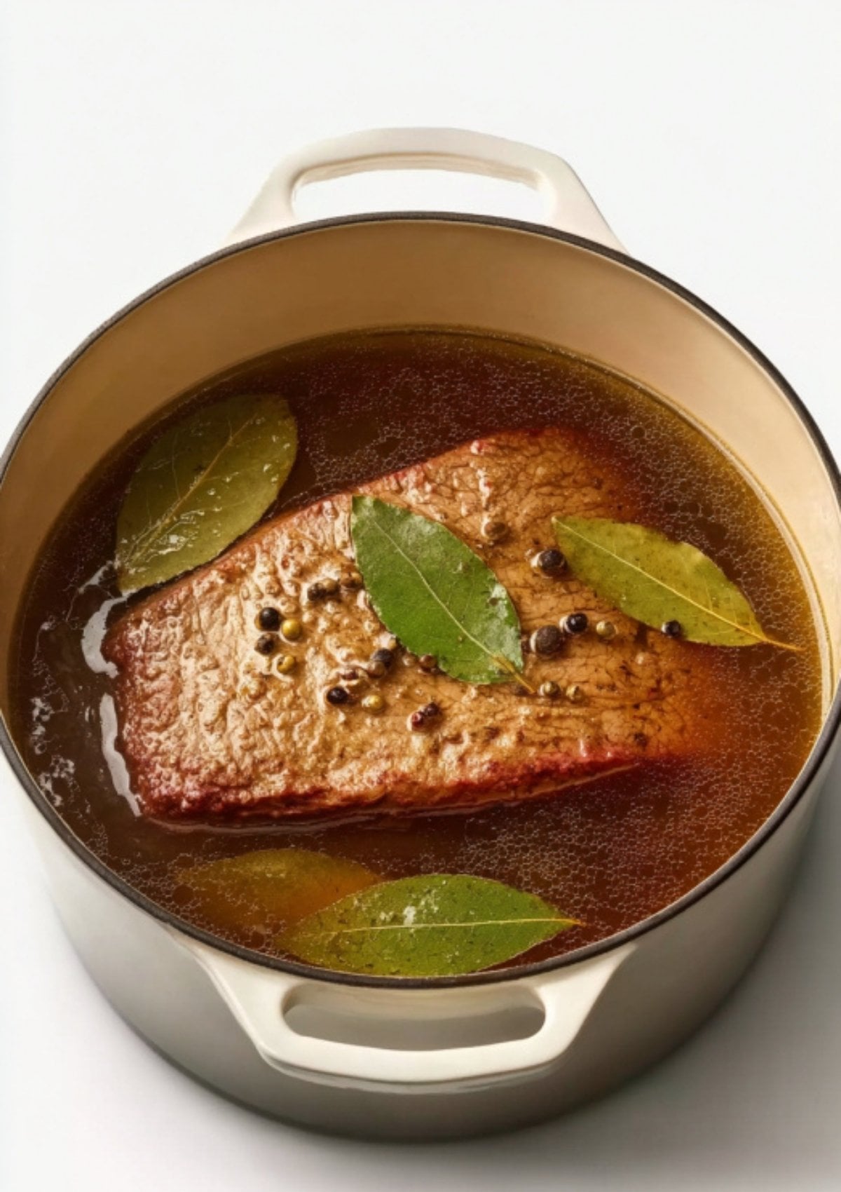Corned beef brisket cooking in a pot of broth with floating bay leaves and peppercorns for a flavorful Irish meal.
