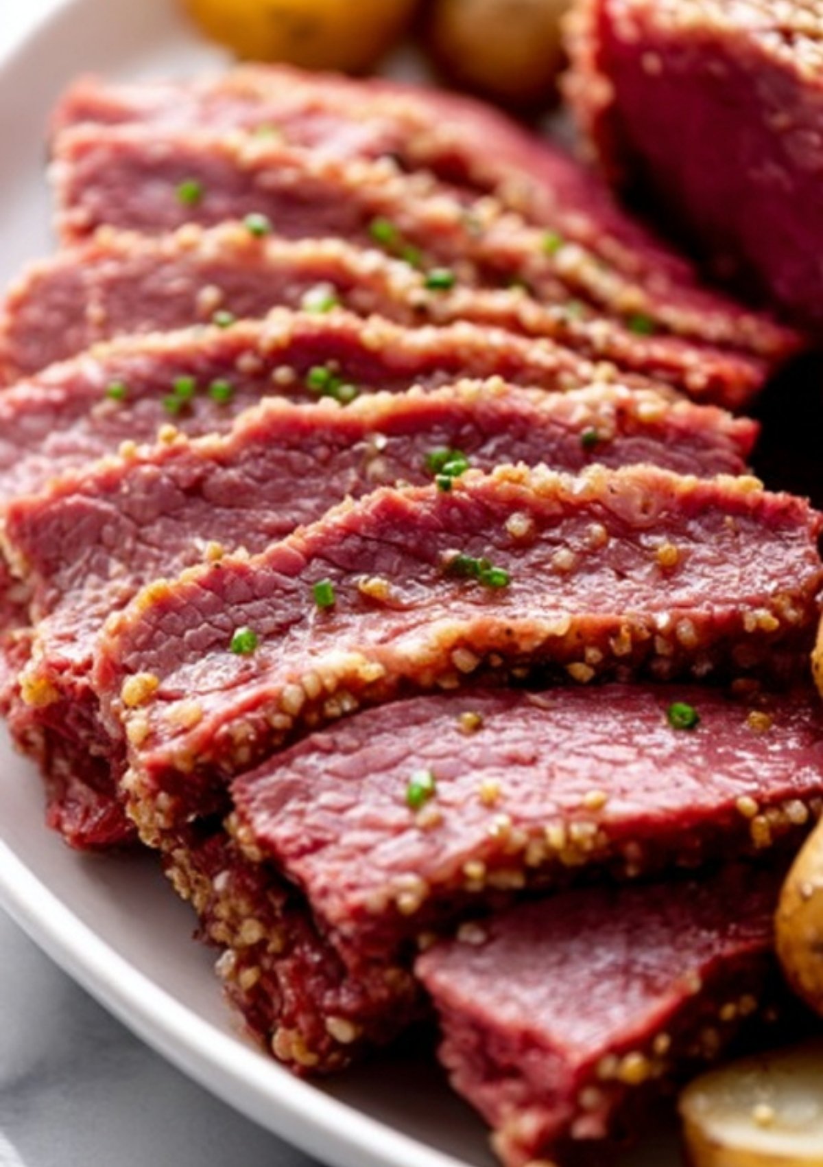 Close-up of tender, sliced corned beef topped with seasonings and chives, served on a white plate. Perfect for St. Patrick’s Day, family dinners, and hearty slow cooker meals.