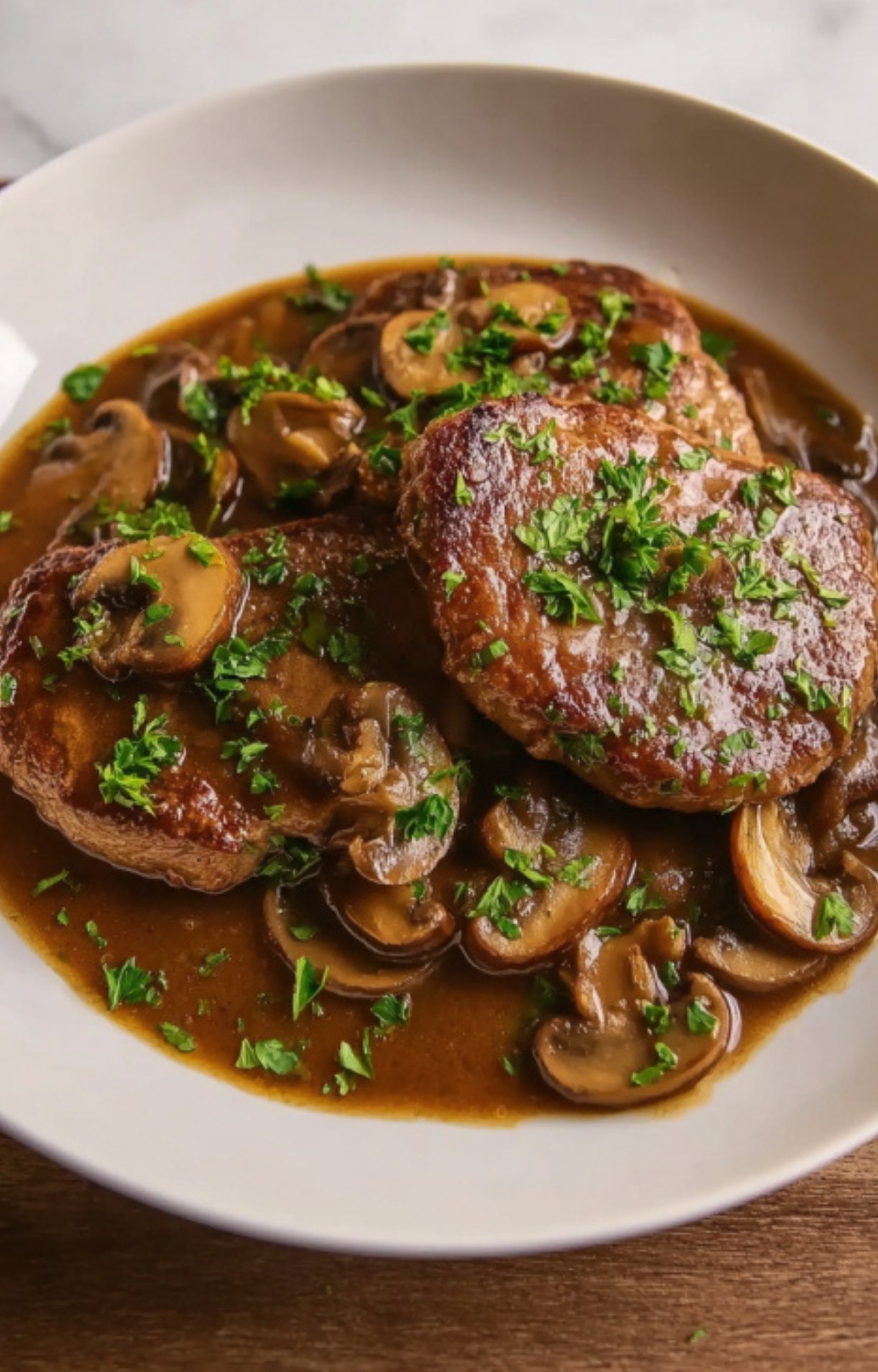 Juicy veal scallopini with mushroom marsala sauce in a bowl, a warm Italian-American dinner for any weeknight