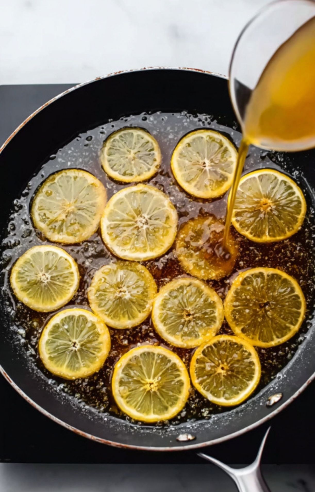 Pouring tangy pan sauce over lemon slices in a skillet. This step brings all the flavor to veal scallopini piccata.