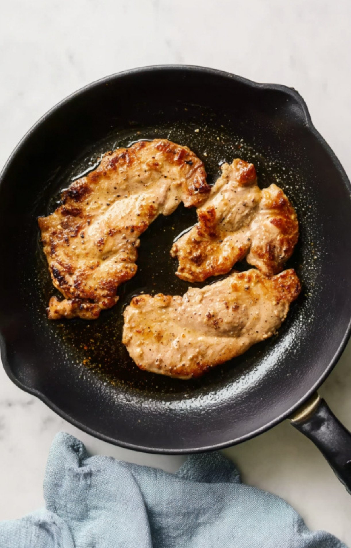 Golden brown veal cutlets in skillet, the best base for veal scallopini lemon capers, easy family dinner idea.