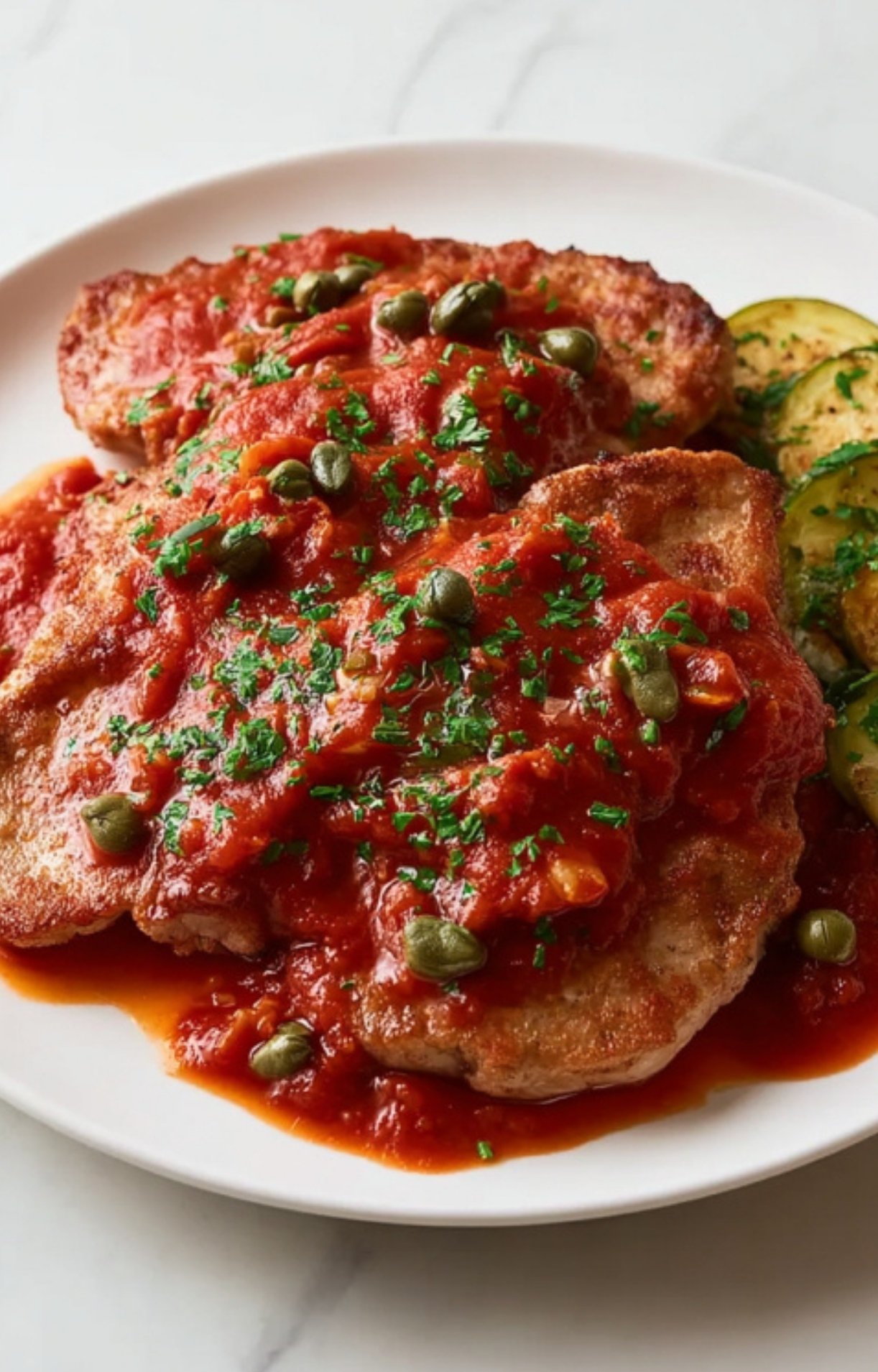 Juicy veal scallopini cutlets smothered in tomato caper sauce and fresh herbs, served with a side of sautéed zucchini.