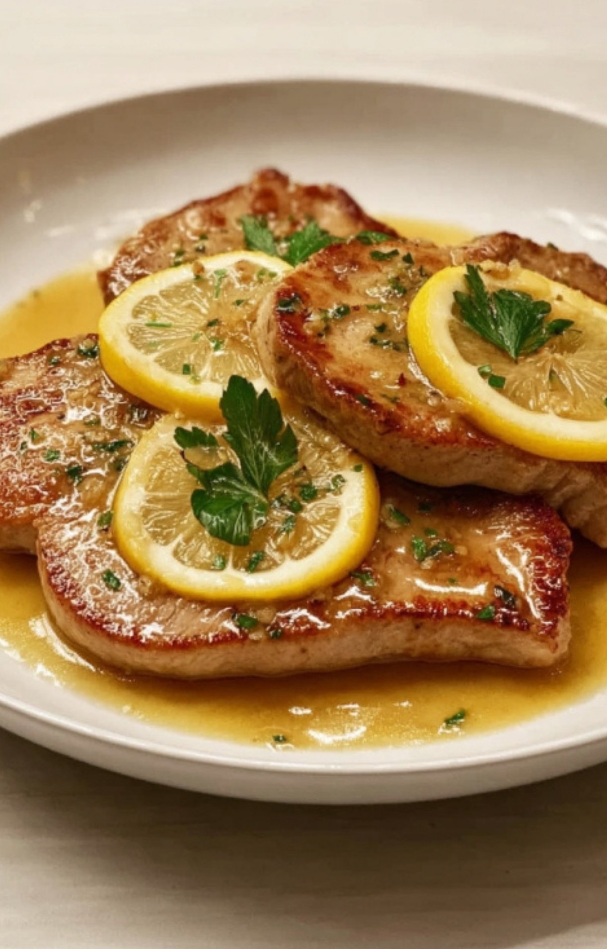 Two pieces of veal scallopini in a light lemon sauce, finished with parsley and lemon slices. A fresh take on traditional Italian cooking.
