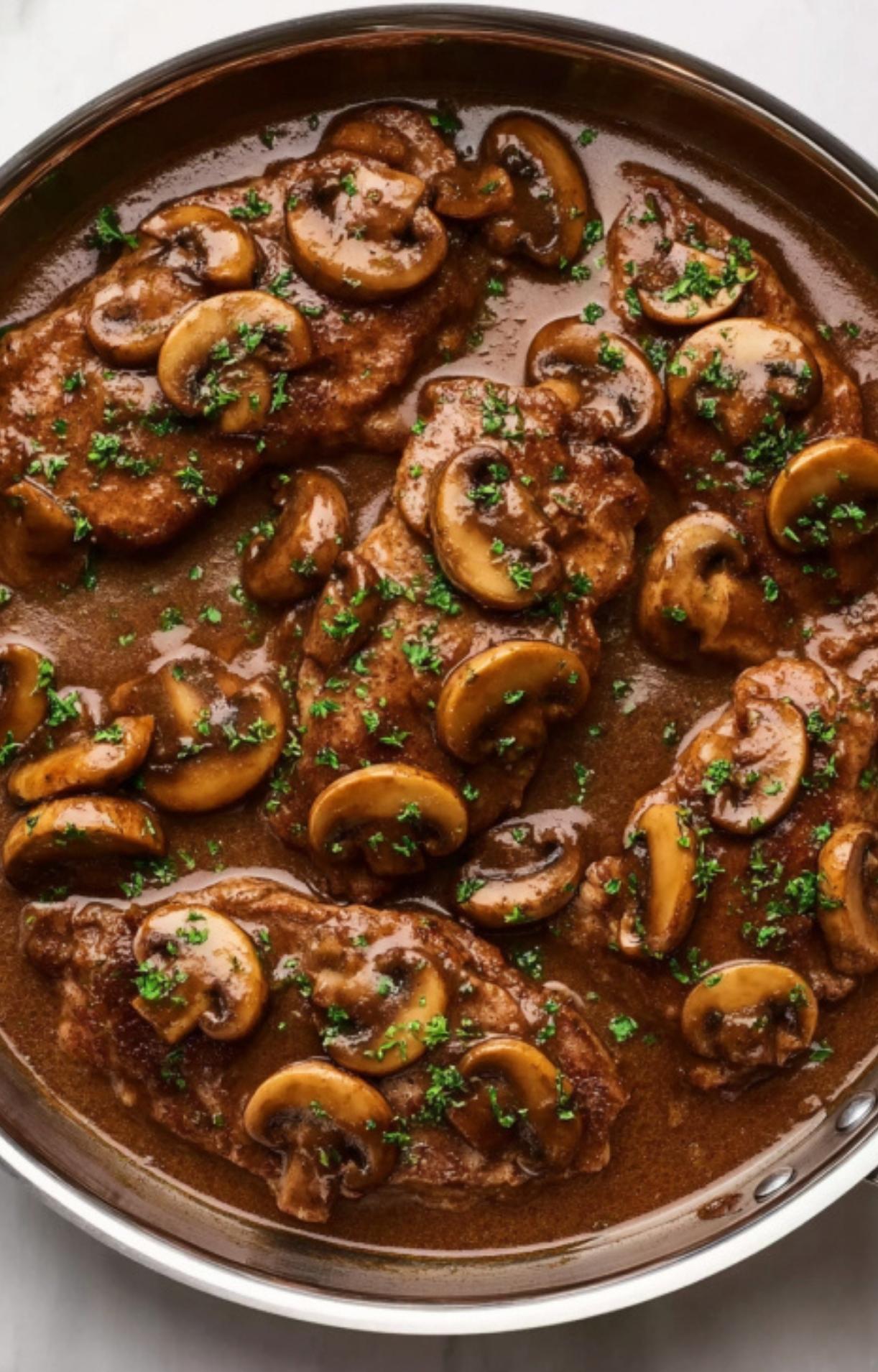 Pan of veal scallopini simmered in Marsala wine sauce with sliced mushrooms and fresh herbs