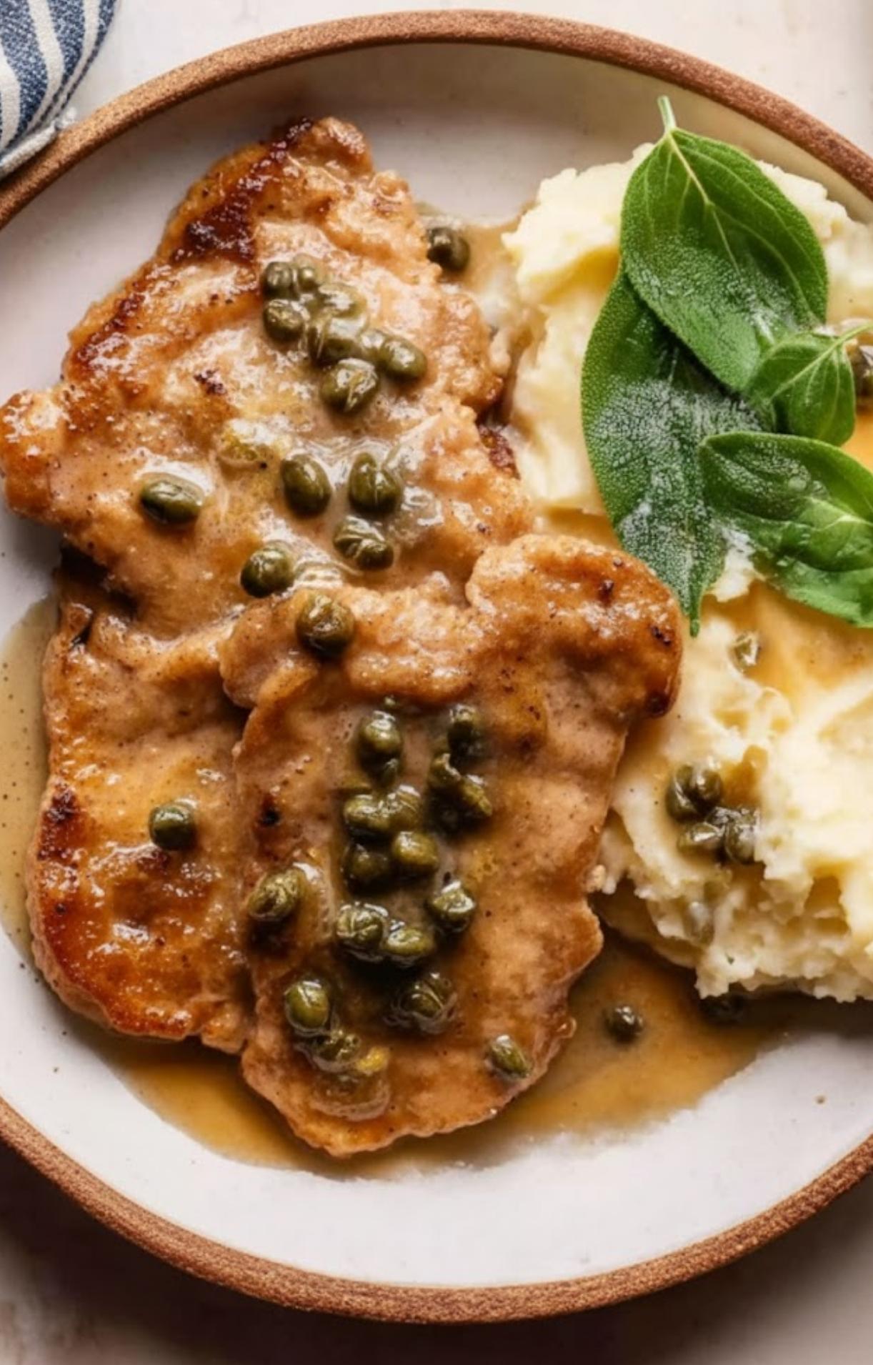 A gourmet serving of Veal Scallopini in Lemon Sauce paired with creamy mashed potatoes and fresh sage leaves.