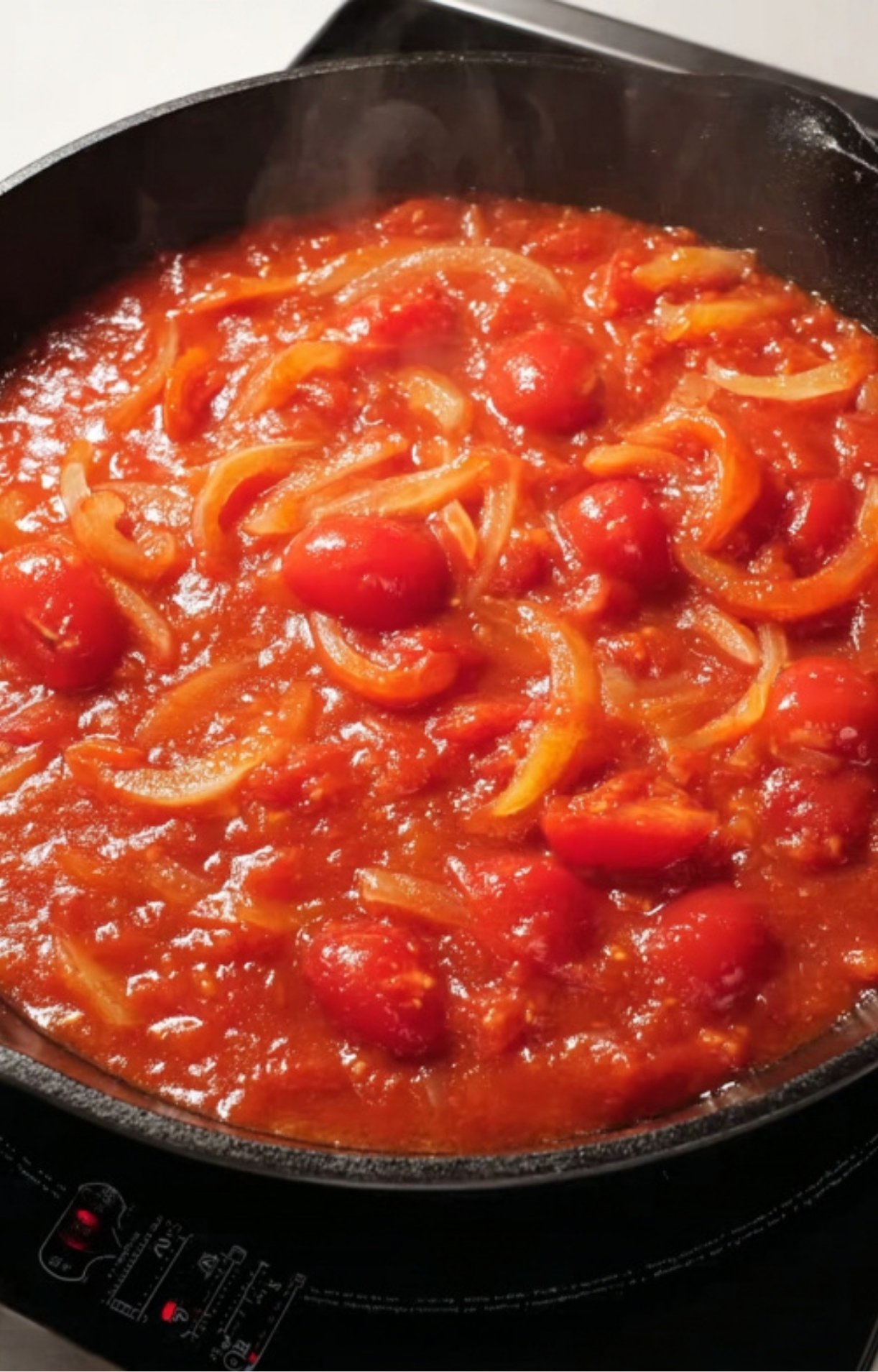 Sliced onions, cherry tomatoes, and red bell pepper cooking in a bubbling tomato sauce in a skillet.