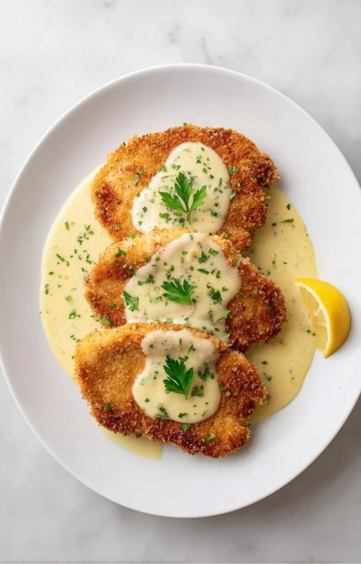 Three veal scallopini cutlets topped with creamy lemon sauce and parsley, with a lemon wedge