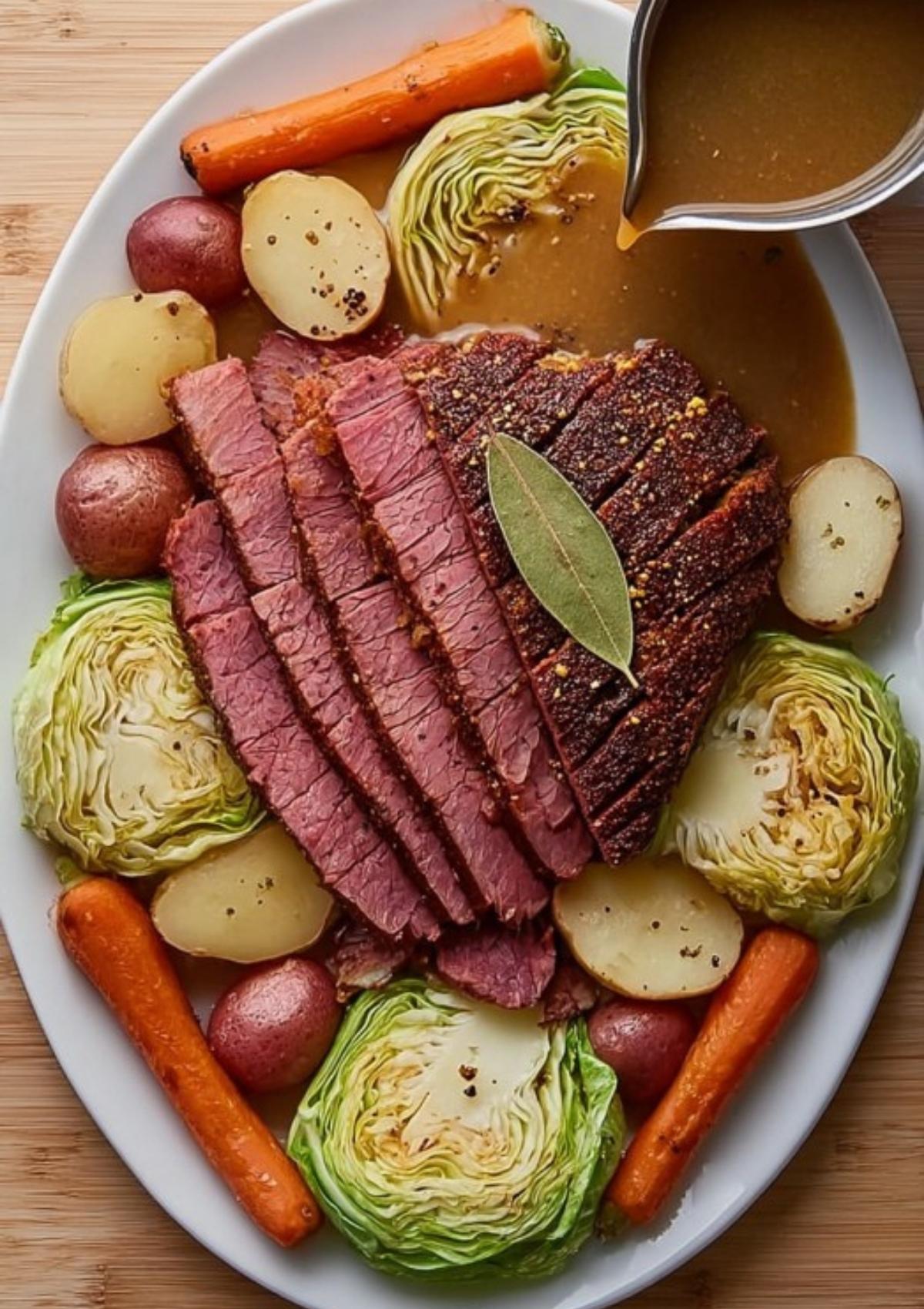 Corned beef brisket, cabbage wedges, carrots, and potatoes topped with bay leaf, served with hot broth on a white platter for a comforting meal.