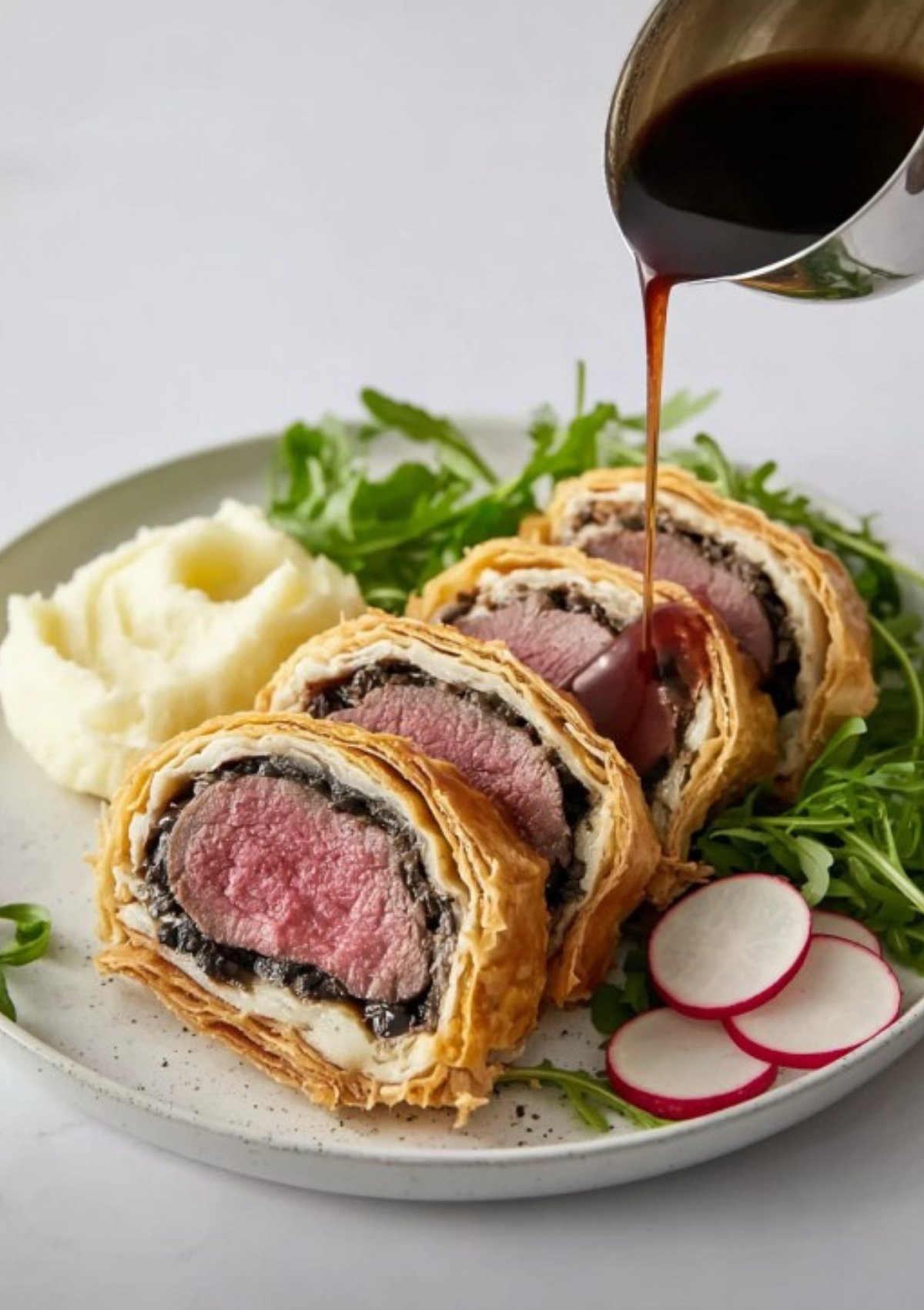 Beef Wellington slices with golden puff pastry and tender beef, topped with a rich red wine sauce, served with mashed potatoes and greens. An elegant holiday main course for Christmas or special events.
