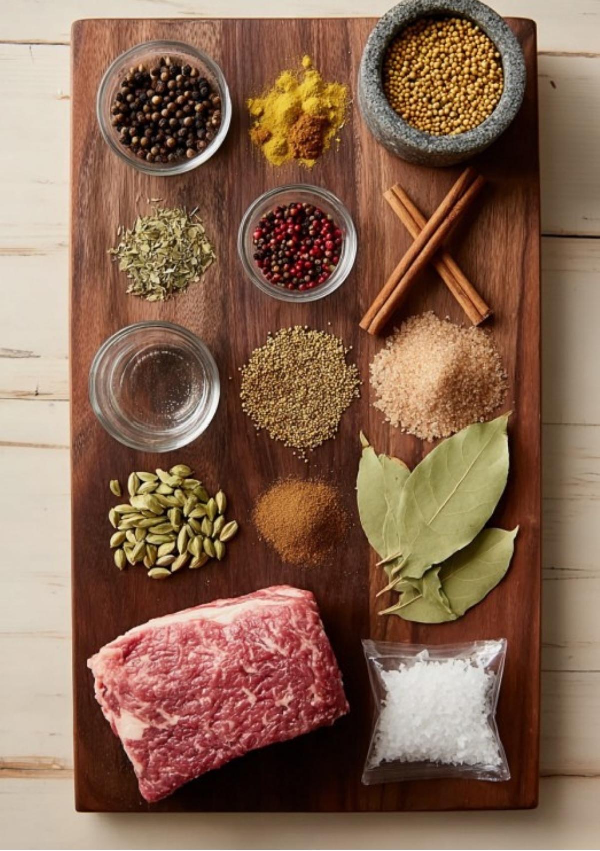 Wooden board with corned beef brisket, bay leaves, whole spices, cinnamon sticks, and coarse salt arranged for making homemade pickling spice.