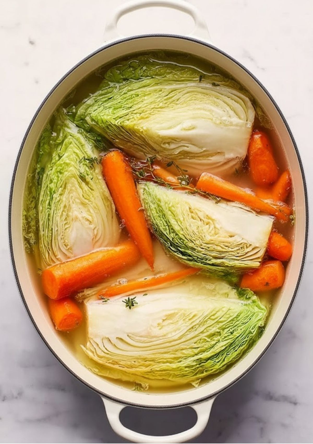 Wedges of cabbage and whole carrots simmering in a pot of broth, getting tender for a classic corned beef dinner.
