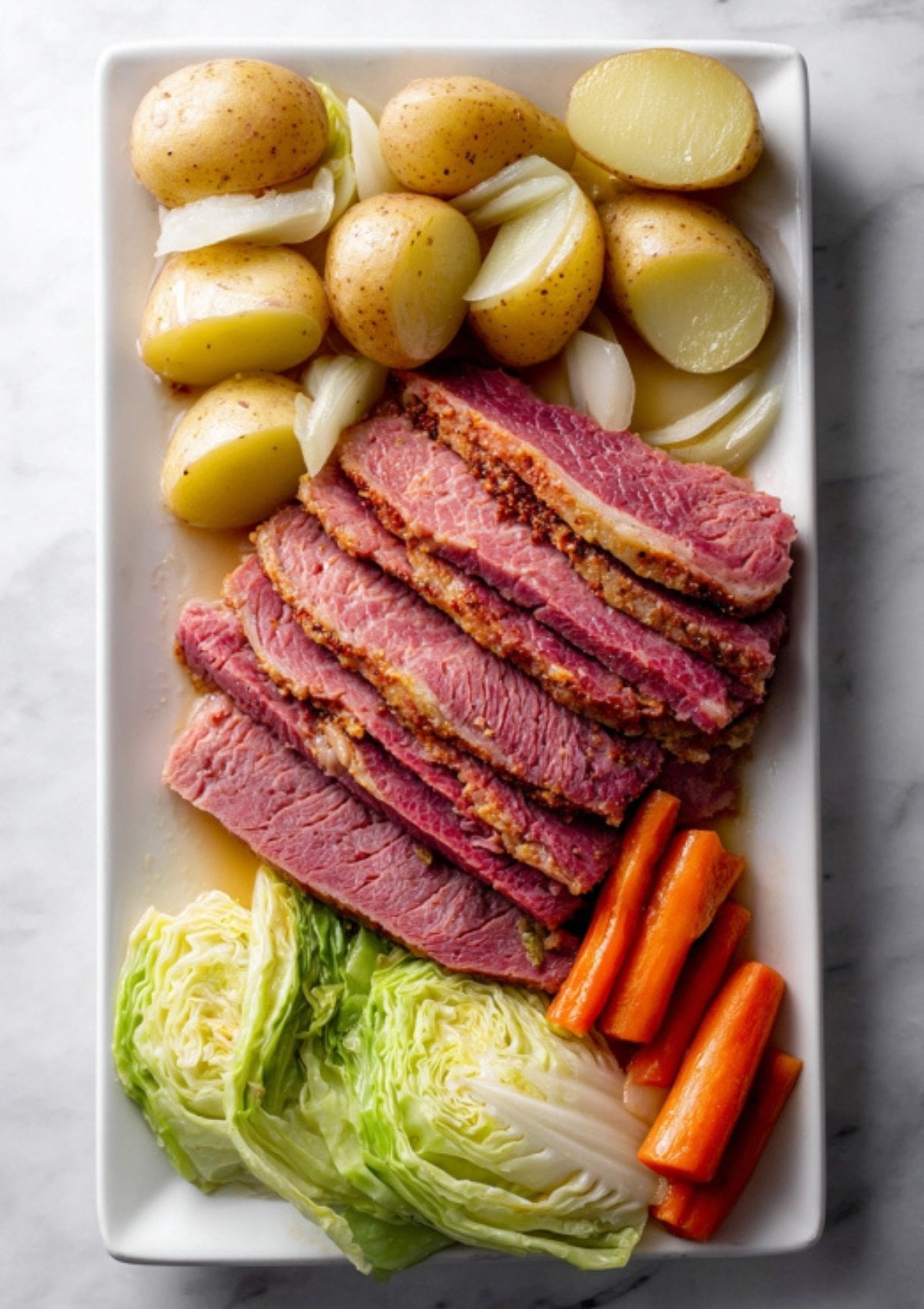 Rectangular platter with sliced corned beef, halved baby potatoes, carrots, onions, and wedges of cabbage. Simple Instant Pot dinner for family gatherings and festive meals.