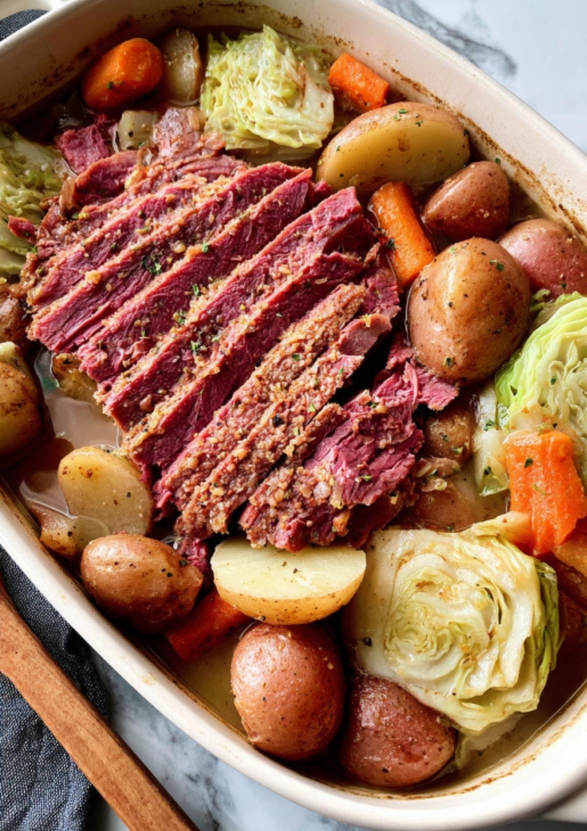 Dutch oven corned beef sliced and served with baby red potatoes, carrots, and cabbage in a white casserole. A hearty, traditional Irish dinner for holiday celebrations or Sunday supper.