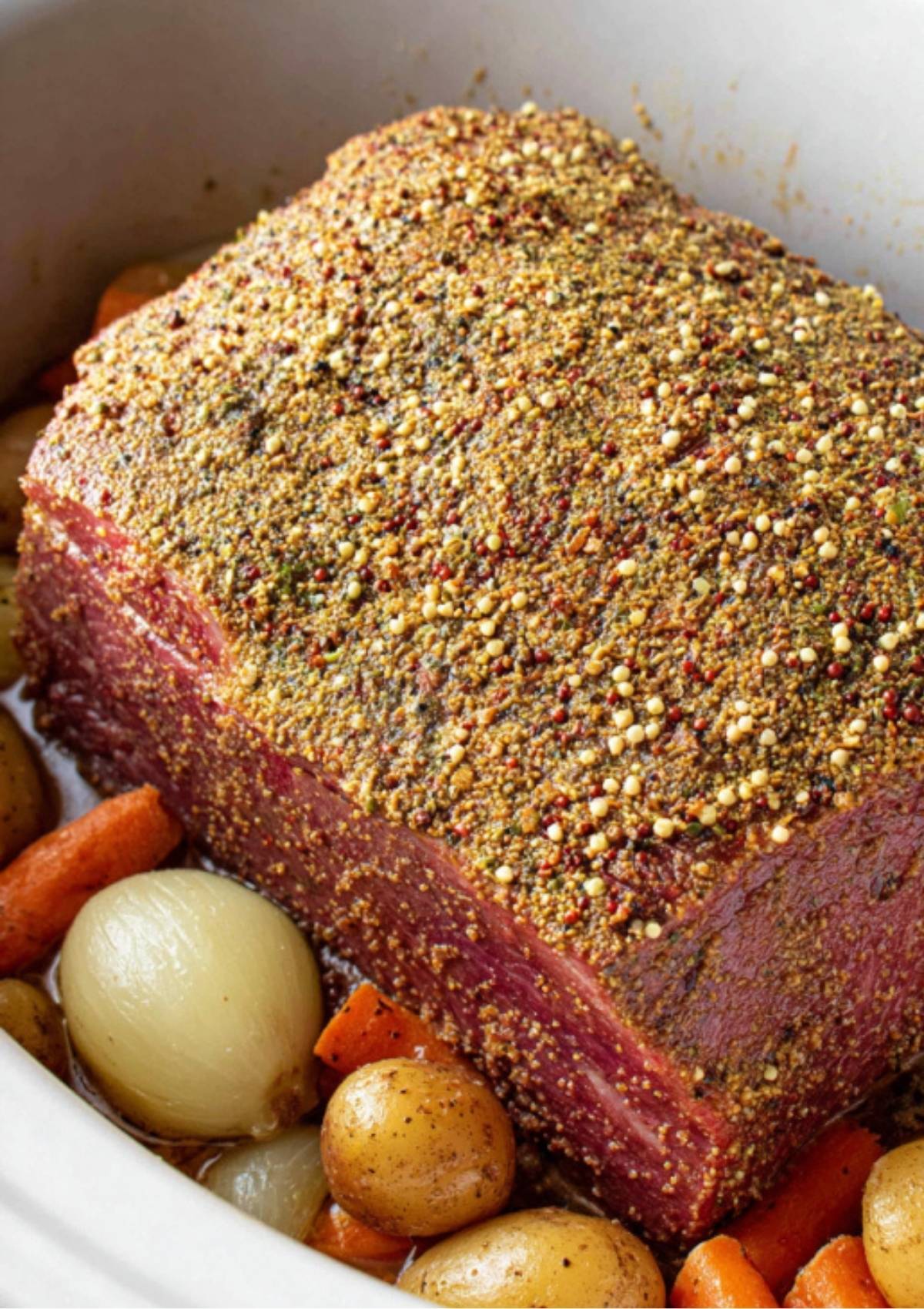 Corned beef brisket coated with homemade seasoning, surrounded by carrots, potatoes, and pearl onions in a slow cooker.