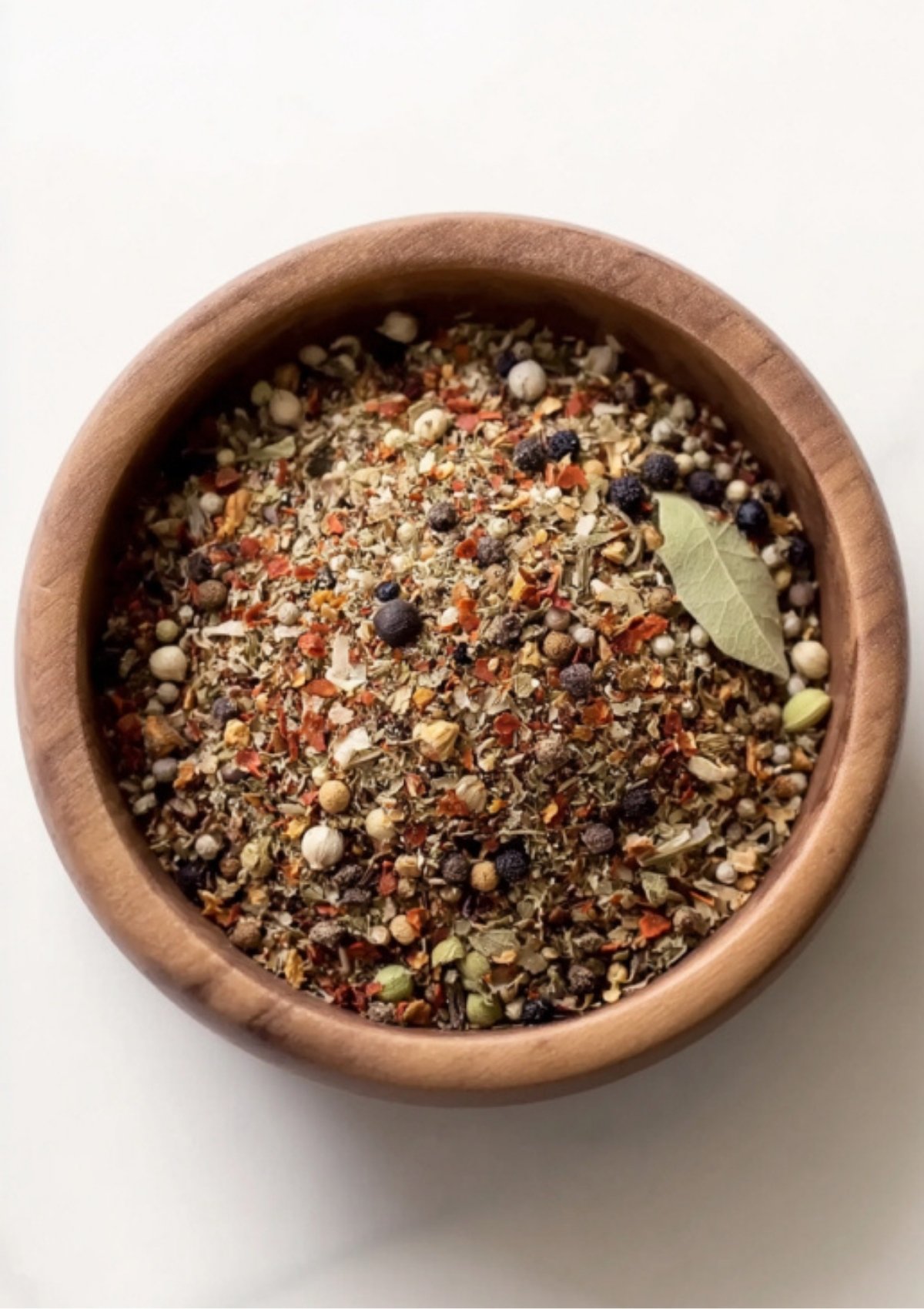 A close-up of a rustic wooden bowl filled with a colorful homemade Corned Beef Spice Packet blend, featuring whole peppercorns, mustard seeds, dried herbs, and a bay leaf, ready to season brisket or corned beef.