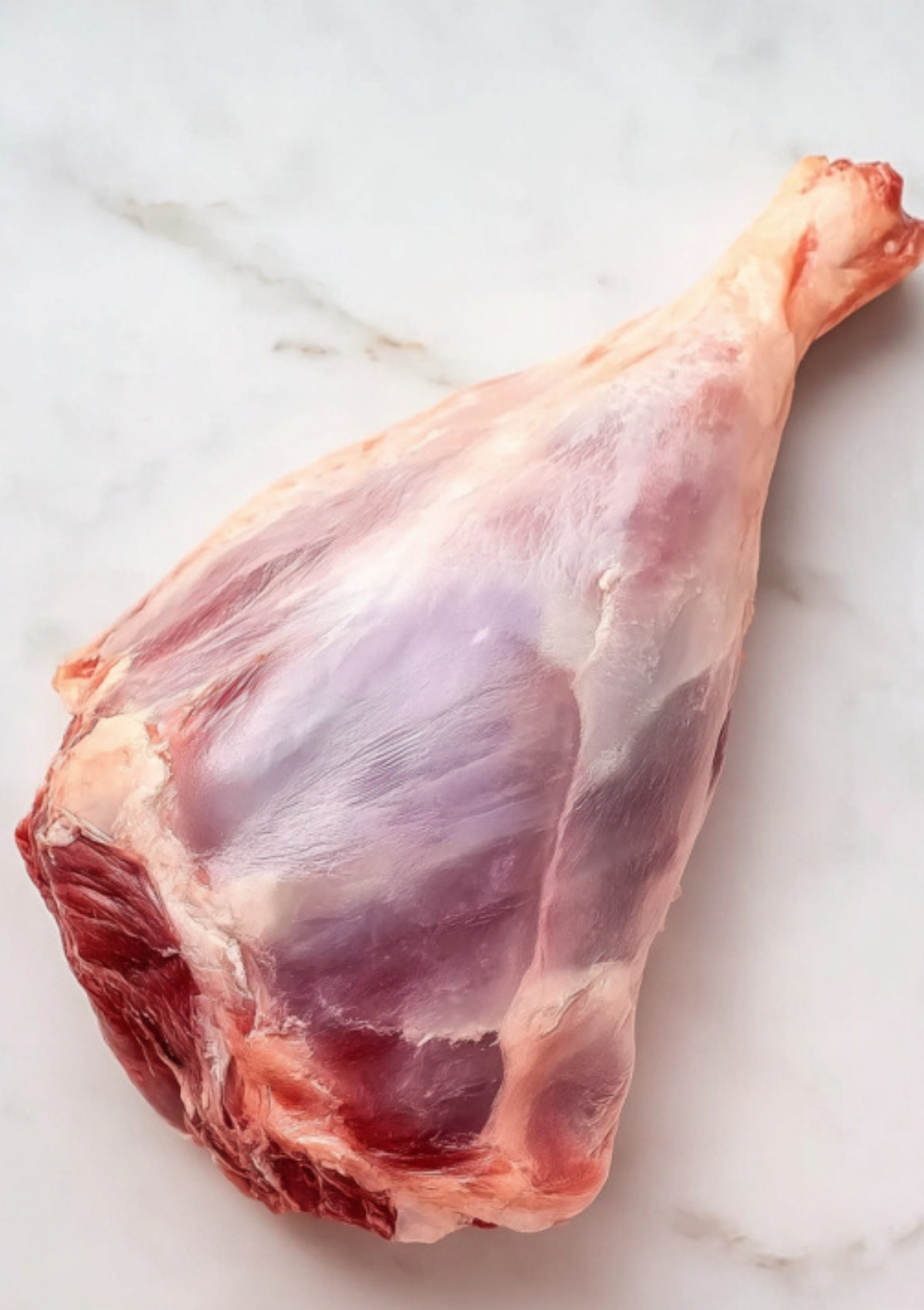 Fresh raw bone-in leg of lamb on a white marble background