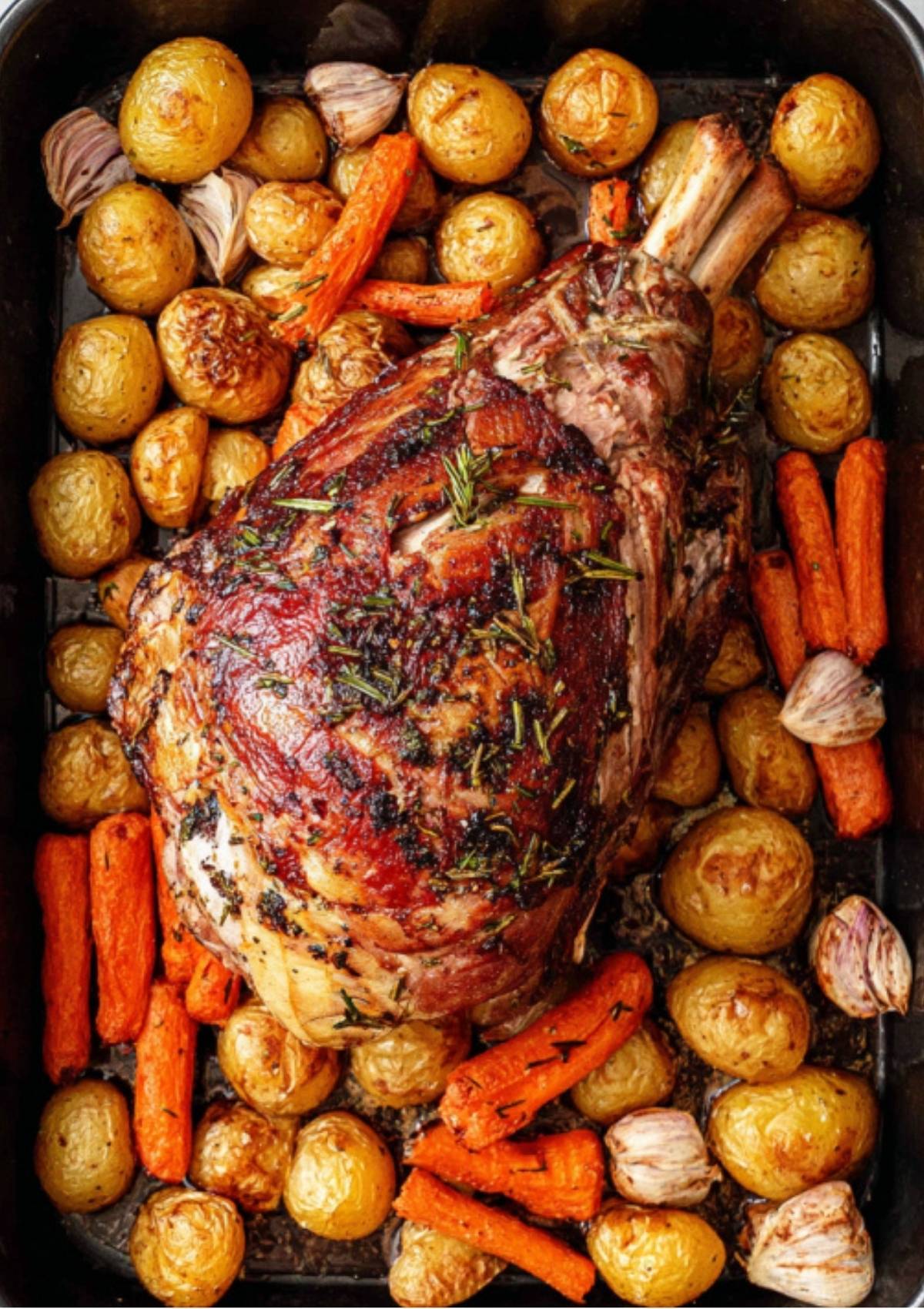 Herb-crusted leg of lamb roasted in a pan surrounded by golden baby potatoes, carrots, and whole garlic cloves, fresh from the oven.