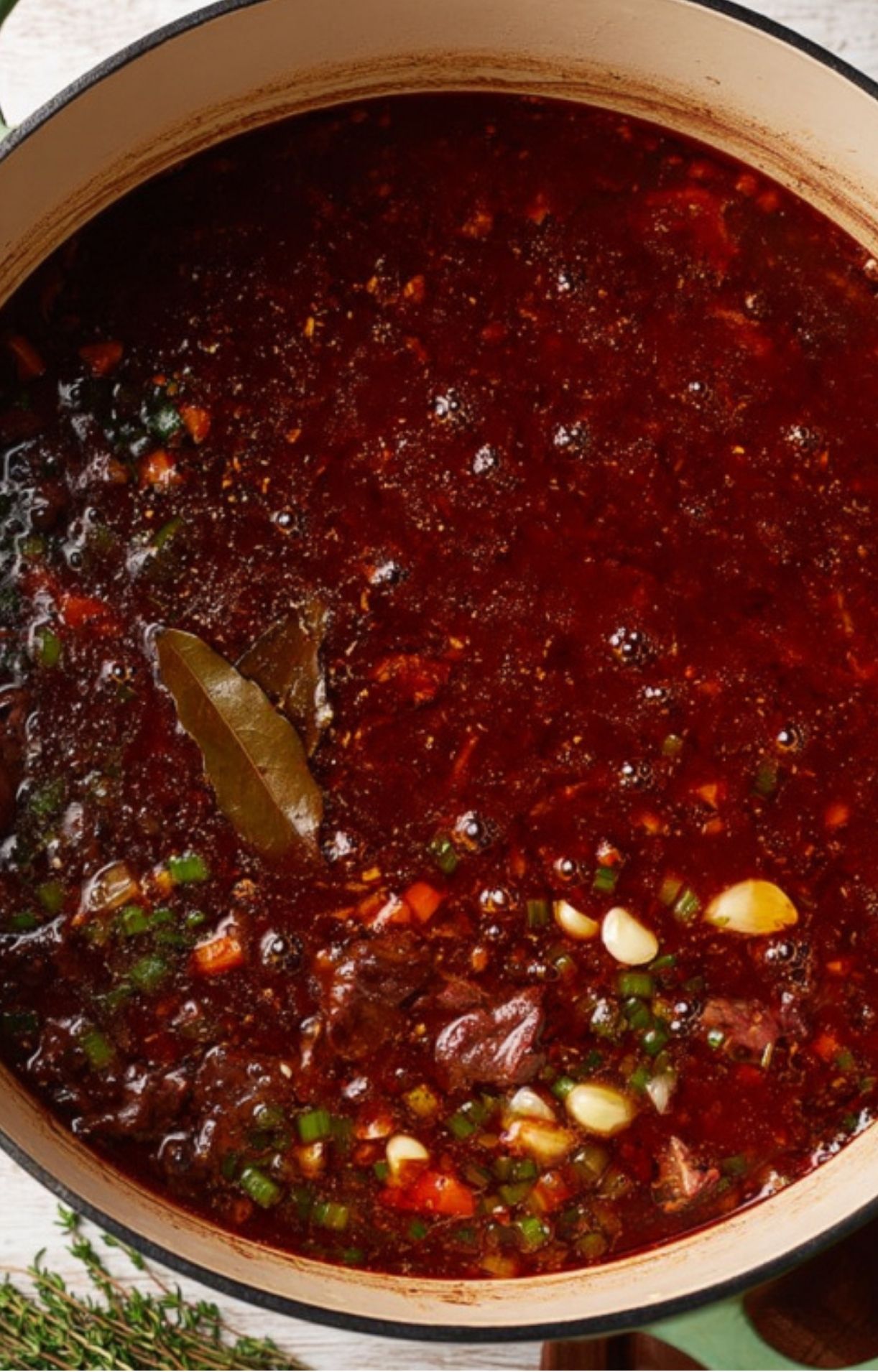 Dutch oven filled with aromatic red wine braising liquid, herbs, and vegetables for lamb shanks.