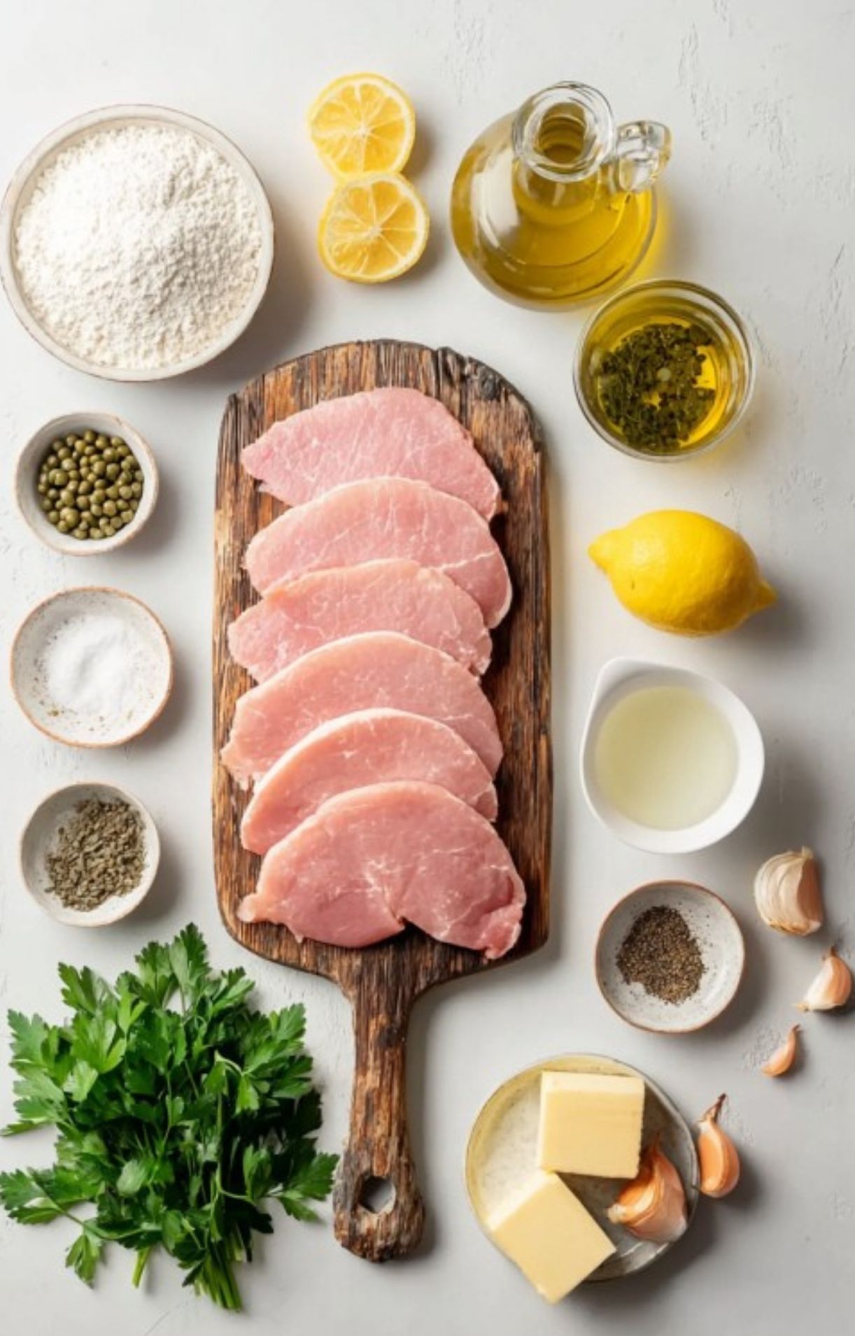 Fresh veal cutlets, flour, lemon, capers, parsley, and pantry staples arranged on a board. All ingredients needed for a traditional veal piccata.