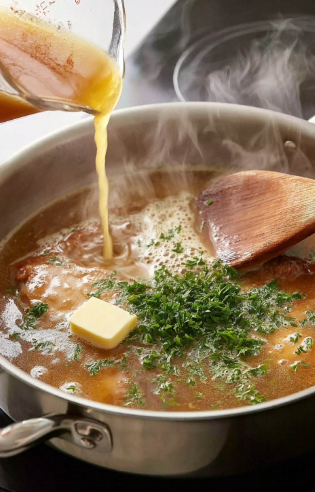 Chicken broth being poured into a skillet with veal, butter, and parsley for a rich mushroom pan sauce. This easy step brings big flavor to classic veal scallopini.