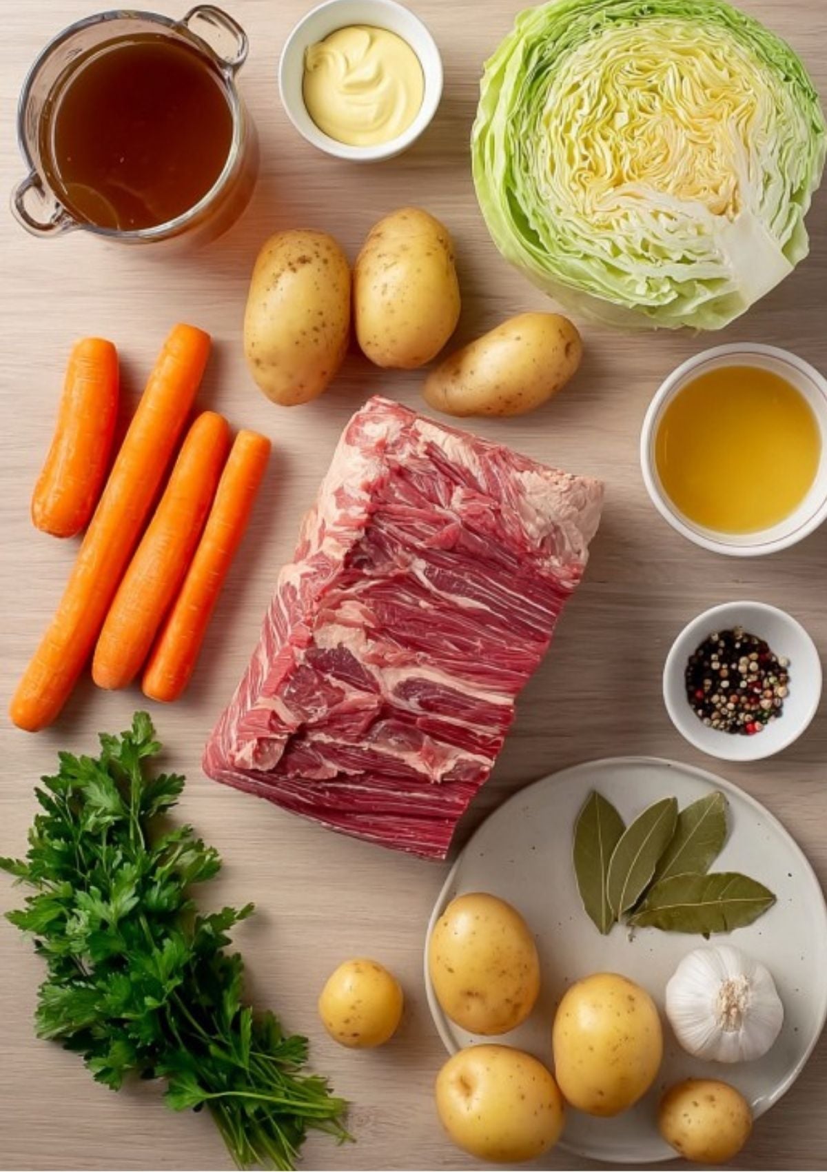 Ingredients for crockpot corned beef and cabbage laid out on a table: raw corned beef brisket, cabbage, carrots, potatoes, fresh parsley, broth, bay leaves, garlic, mustard, and seasonings. All the essentials for a classic slow cooker meal.