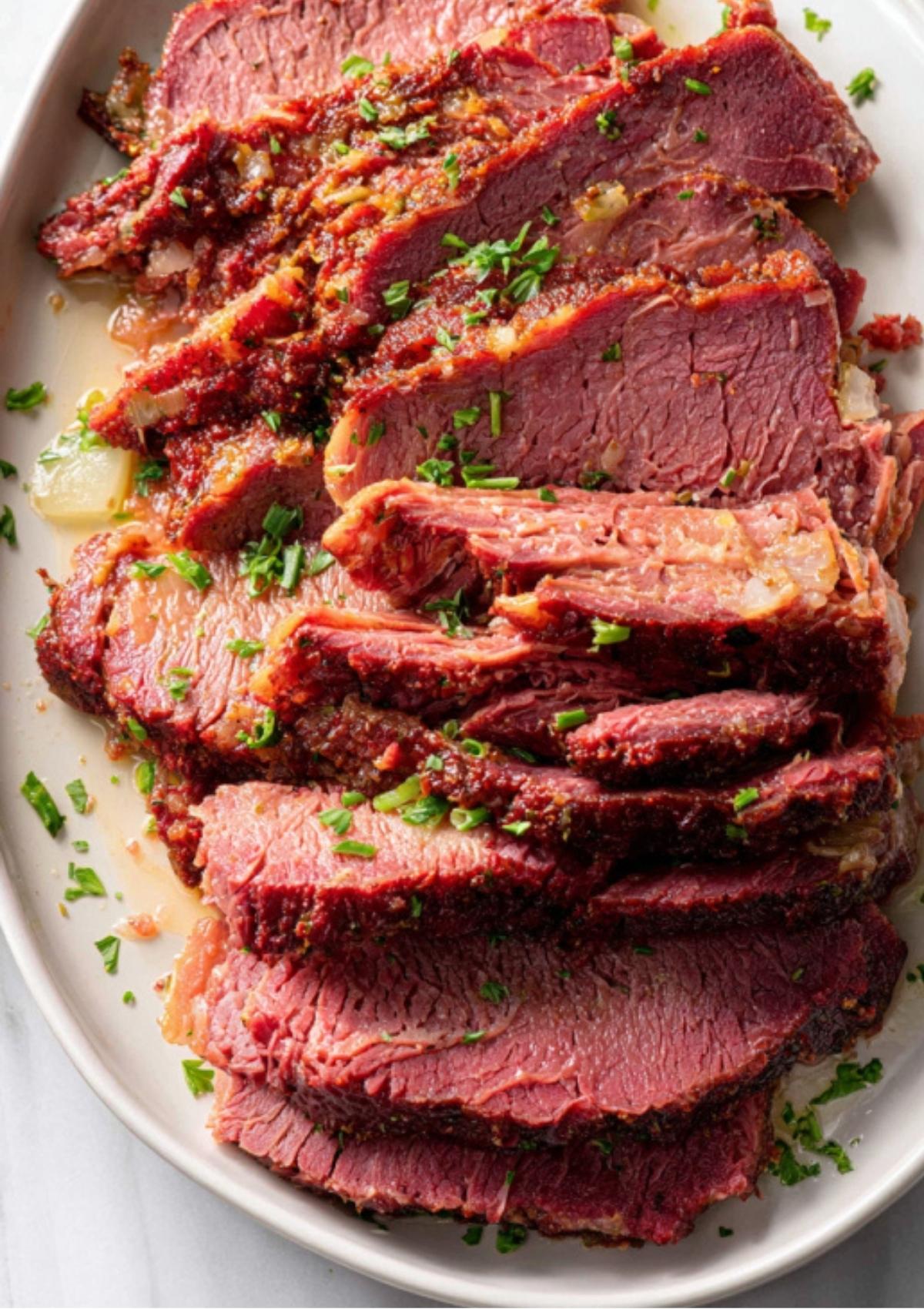 Sliced baked corned beef brisket with parsley and pan juices on a white platter. Comforting and easy, ideal for holiday celebrations or any special meal.