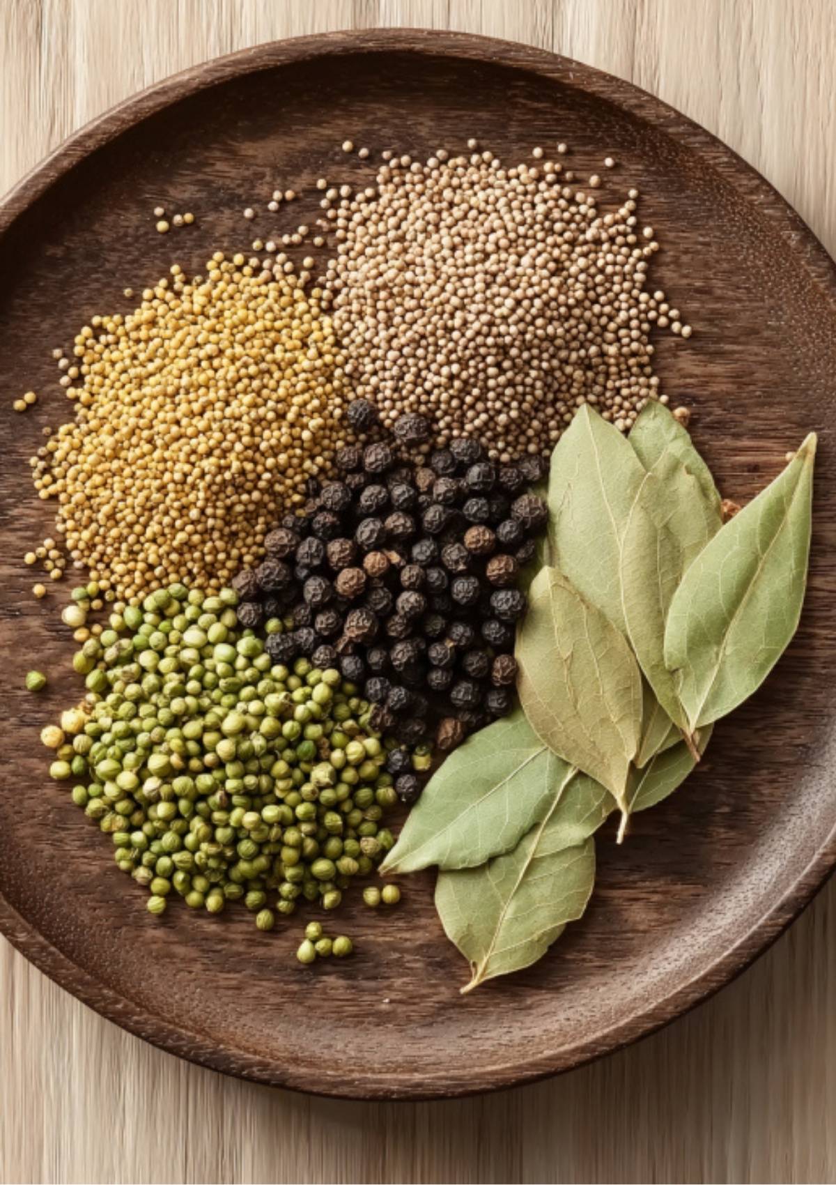 Plate with coriander, mustard seeds, peppercorns, and bay leaves, perfect for preparing a Corned Beef Spice Packet.