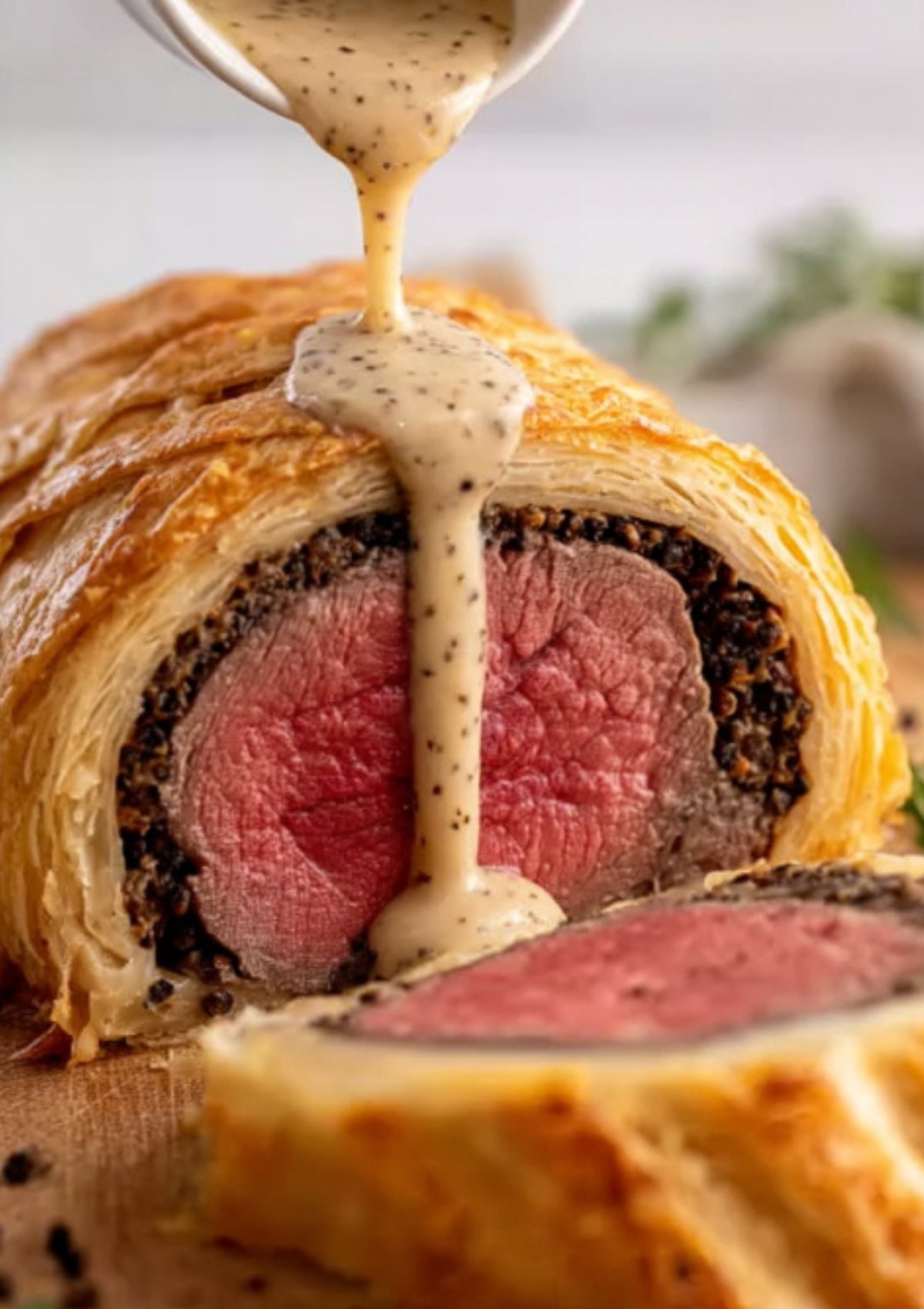 Freshly baked Beef Wellington sliced open, golden puff pastry, and peppercorn cream sauce poured over the top, ideal for special occasions and holiday meals.