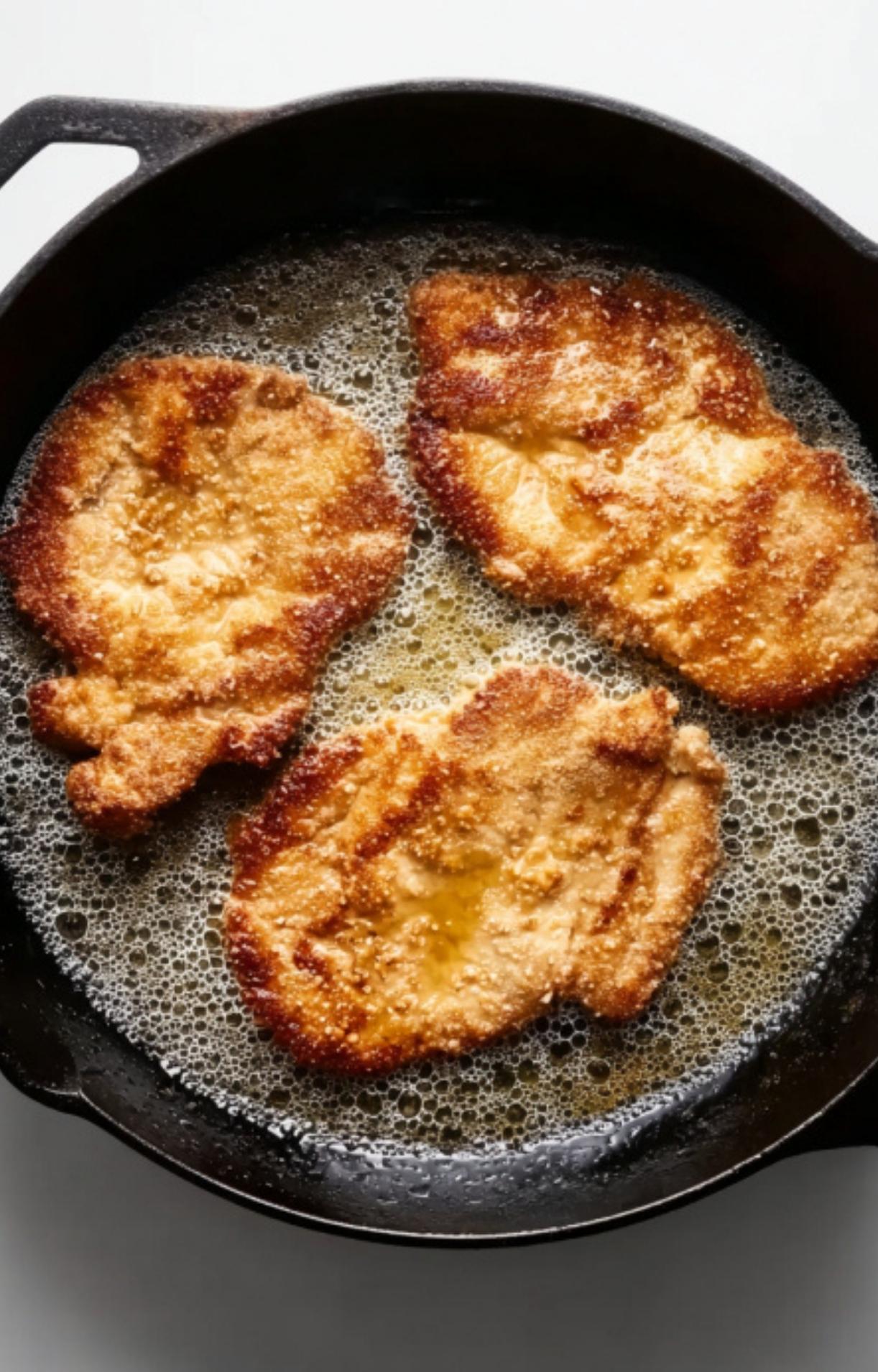 Three breaded veal slices frying until golden brown in a bubbling skillet of oil and butter.