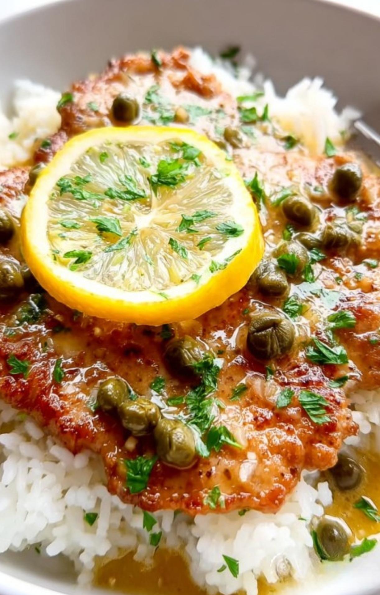 Close-up of veal scallopini on white rice, topped with lemon slice, capers, and parsley. Italian dinner idea with bright lemon wine sauce.
