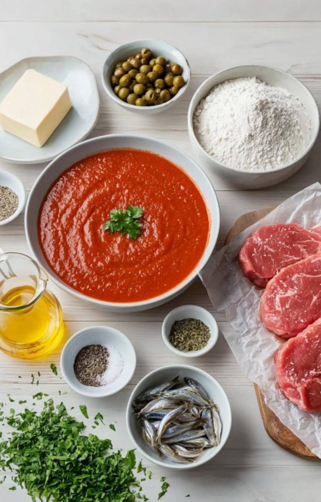 Recipe prep: veal cutlets, tomato sauce, flour, anchovies, butter, olive oil, and fresh herbs set out for making Italian veal scallopini.
