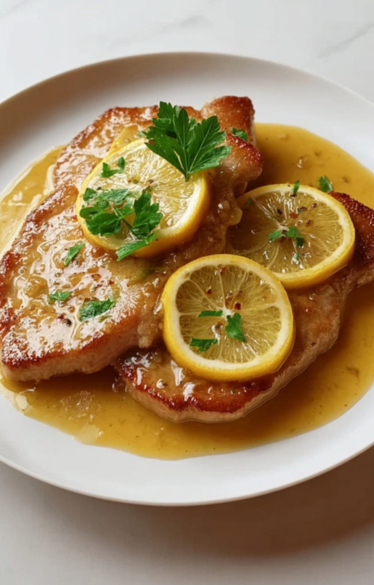 Thin veal cutlets simmered in rich lemon butter sauce, topped with parsley and bright lemon slices. A classic Italian main dish that’s simple and delicious.