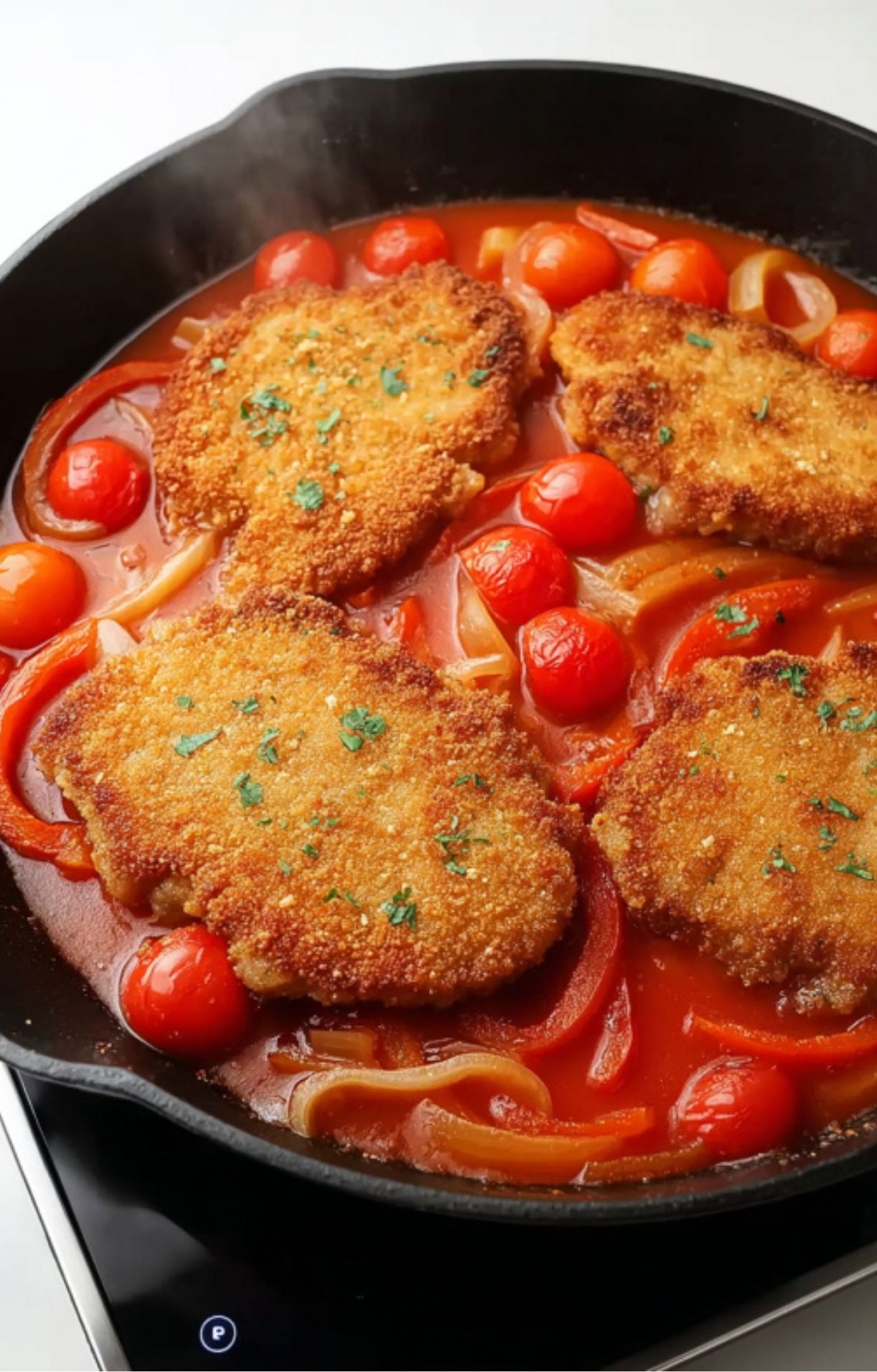 Breaded veal cutlets simmering in a skillet with cherry tomatoes, onions, and red pepper in a tomato sauce.