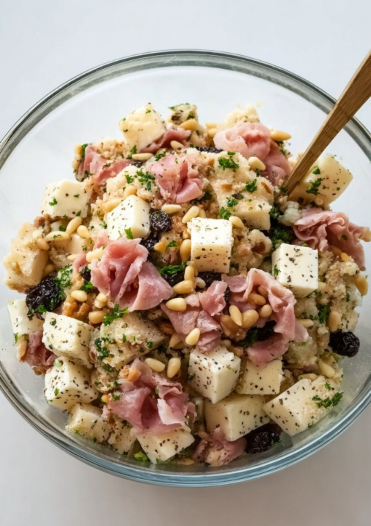 Sliced veal rollatini filled with prosciutto, cheese, pine nuts, and herbs, served over tomato sauce and garnished with basil on a white plate.