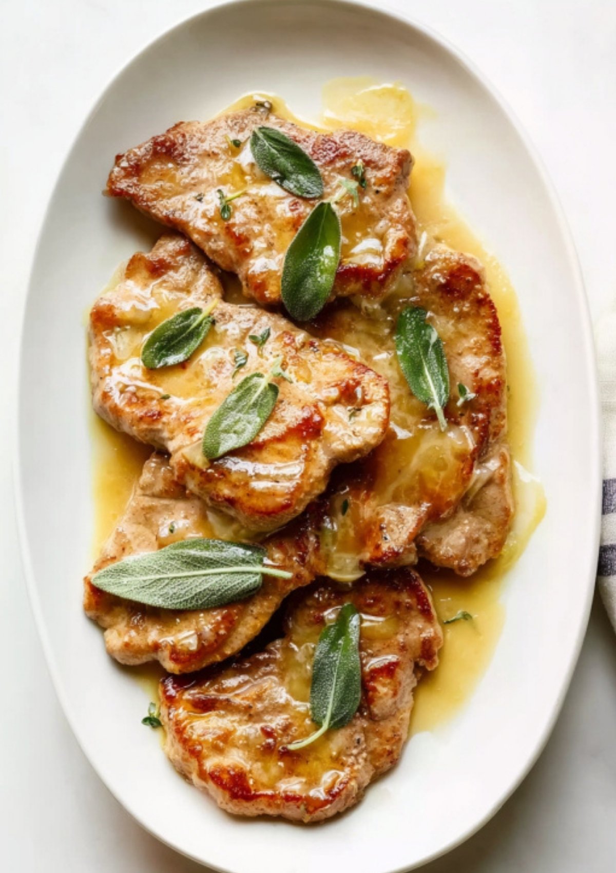 Tender veal cutlets on an oval platter drizzled with a glossy, herb-flecked pan sauce.