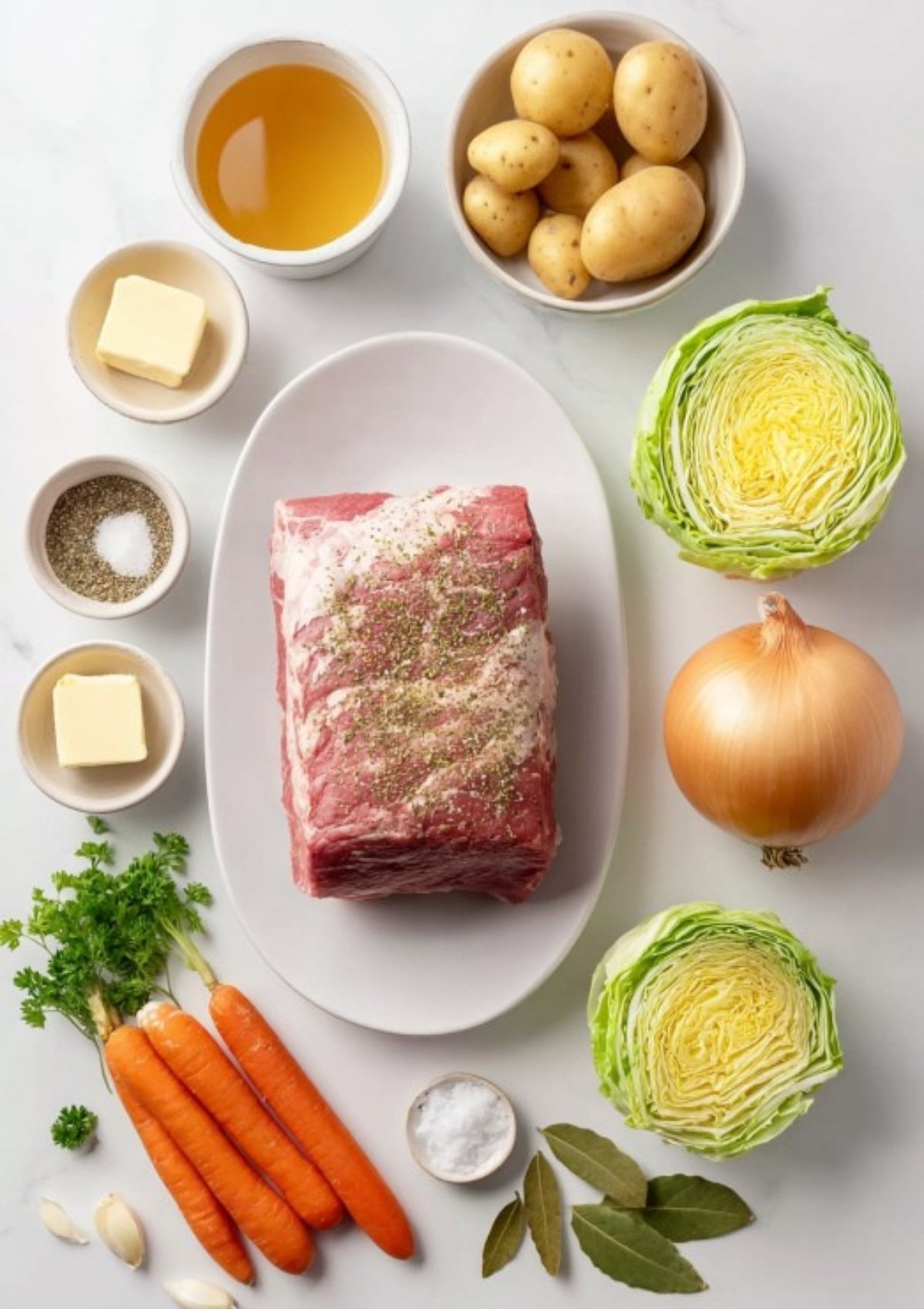 Fresh ingredients for making tender corned beef and cabbage, including seasoned beef brisket, baby potatoes, carrots, green cabbage, onion, garlic, bay leaves, parsley, and butter, all arranged on a white surface.