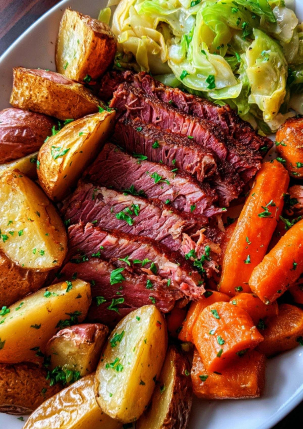 Colorful platter with roasted potato wedges, carrots, and tender corned beef slices, topped with fresh parsley and served with buttery cooked cabbage for a family dinner.