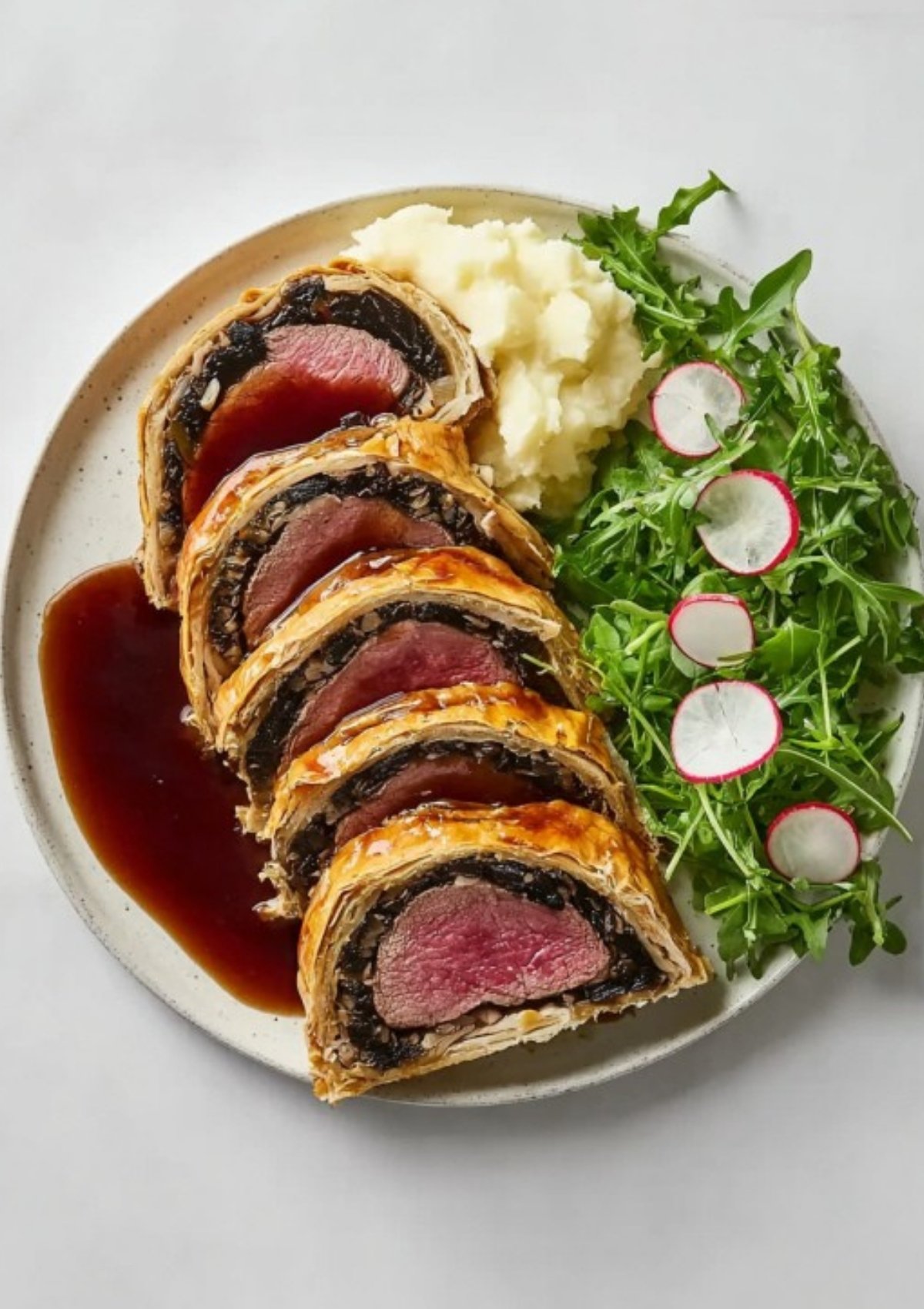 Crispy puff pastry Beef Wellington served with a generous pour of red wine sauce, fluffy mashed potatoes, and fresh salad. The ultimate showstopper for holiday feasts or New Year’s Eve.