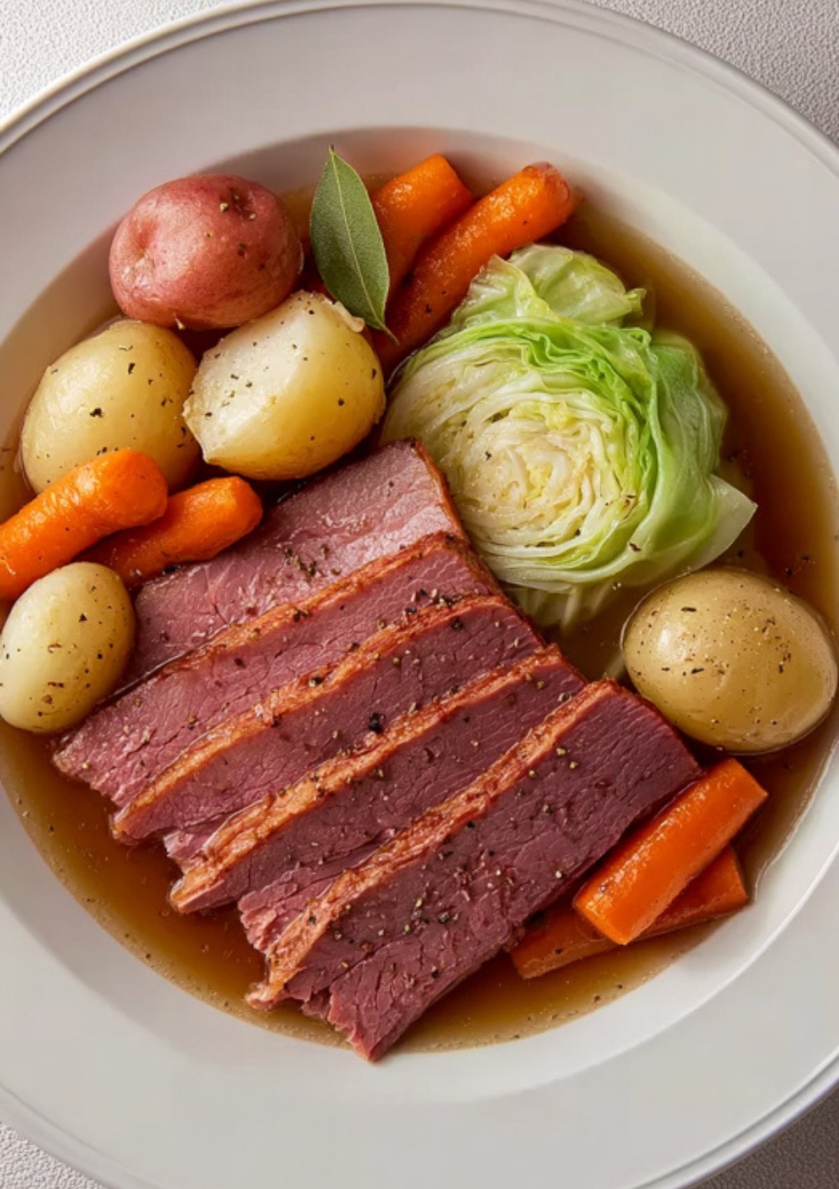 A bowl filled with sliced corned beef, baby potatoes, carrots, and cabbage wedges in rich slow-cooked broth—easy, hearty comfort food.