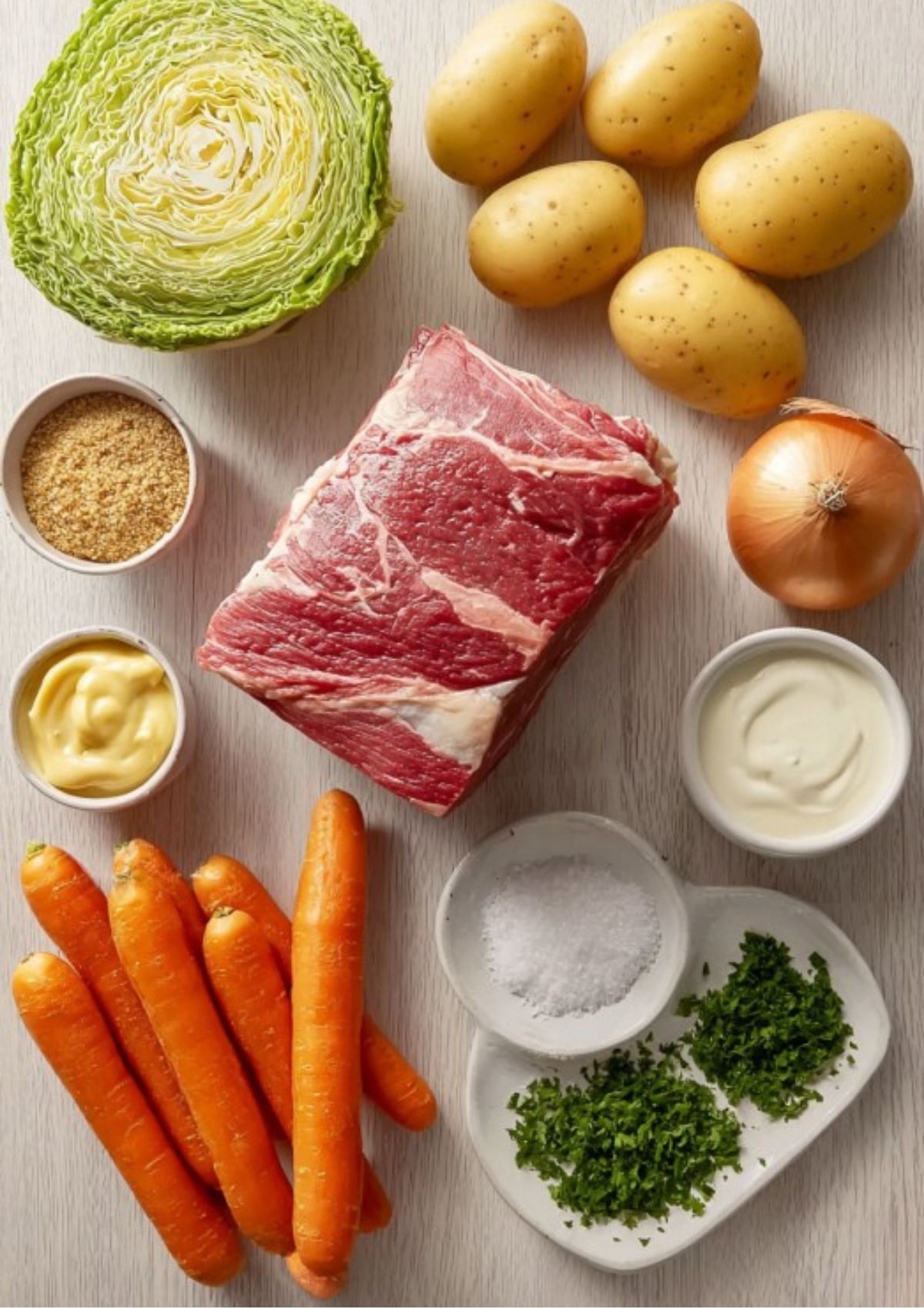 A flat lay of fresh ingredients for corned beef and cabbage, including raw brisket, cabbage, potatoes, carrots, onion, spices, and condiments.