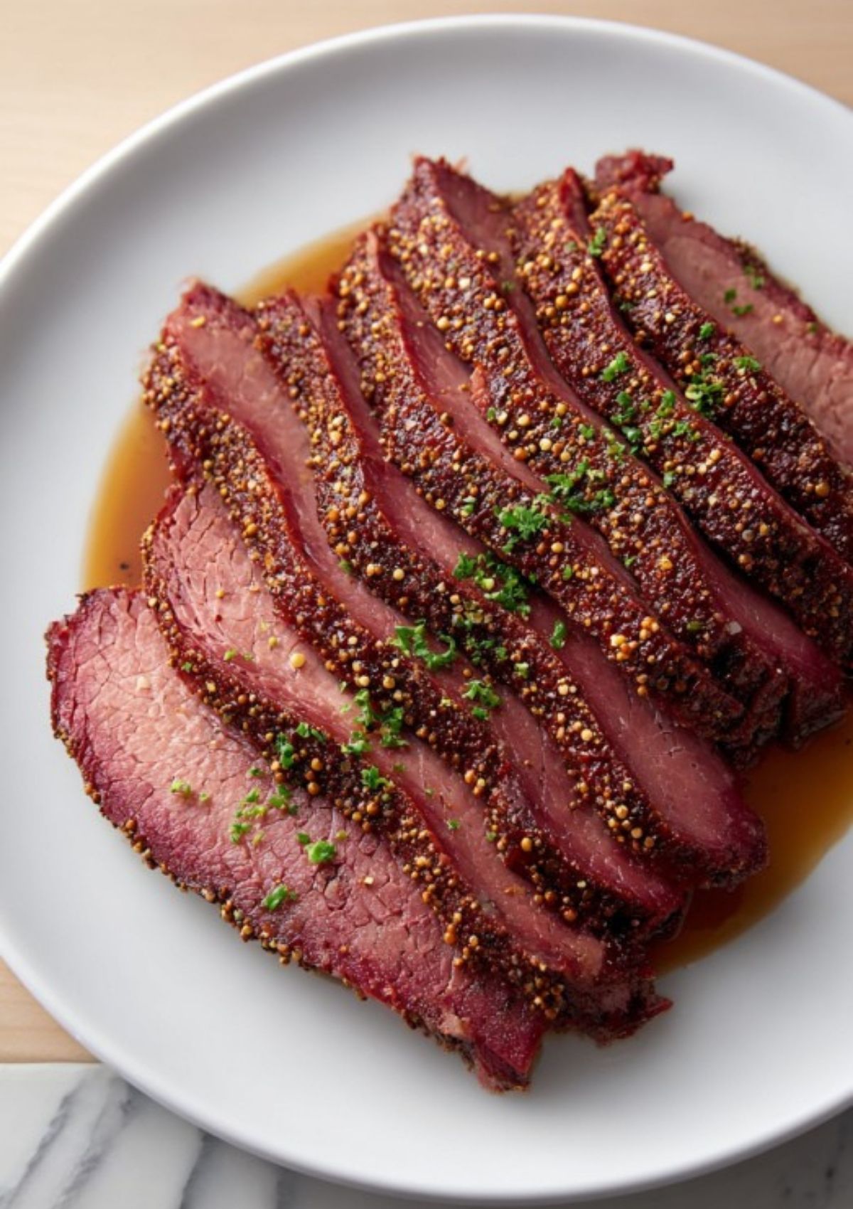 Juicy oven-roasted corned beef brisket sliced on a white plate, topped with spices and a little broth.