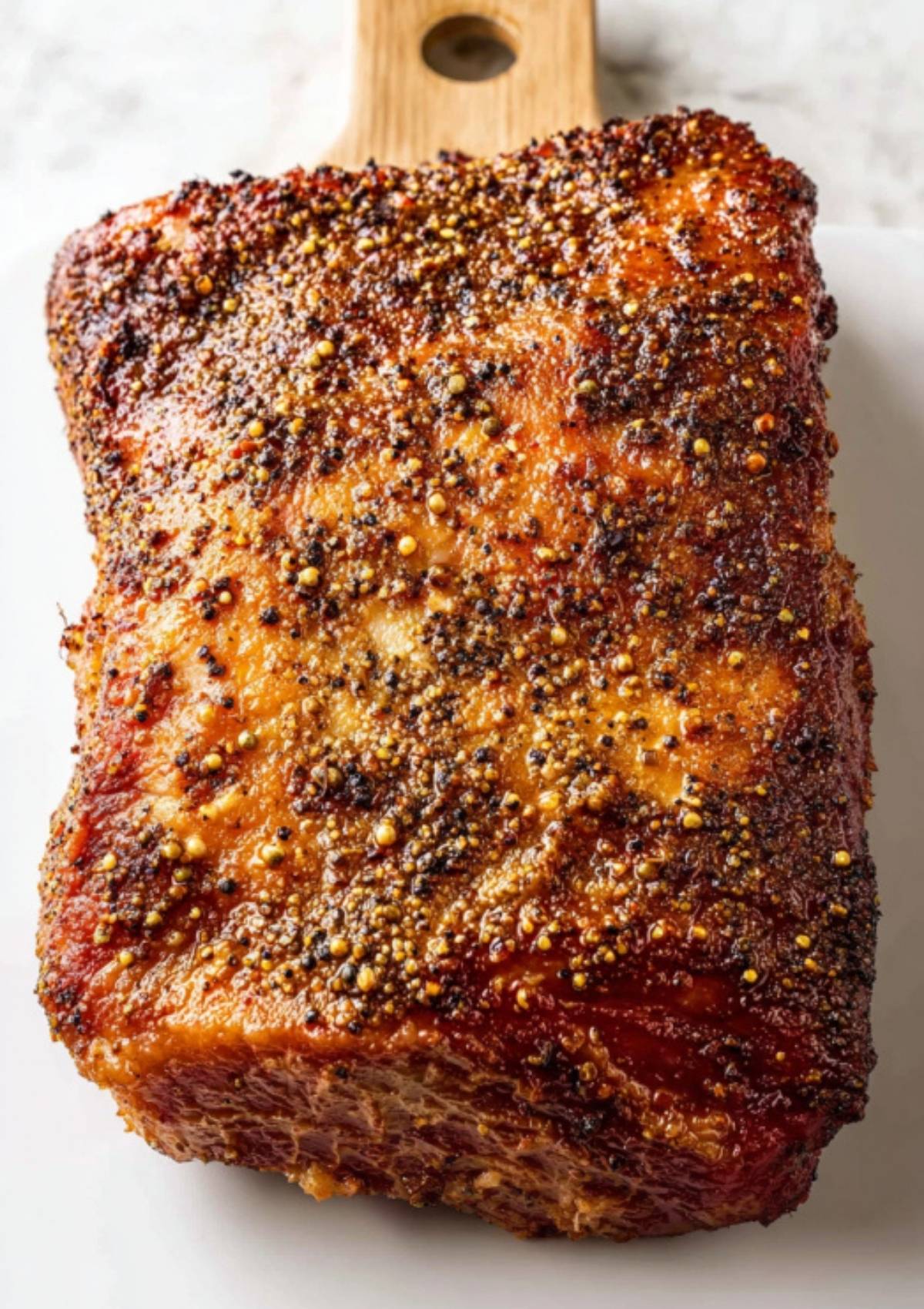 Whole flat cut corned beef brisket with golden crust, resting on a white plate. Ready to carve for St. Patrick’s Day or an easy, crowd-pleasing dinner.
