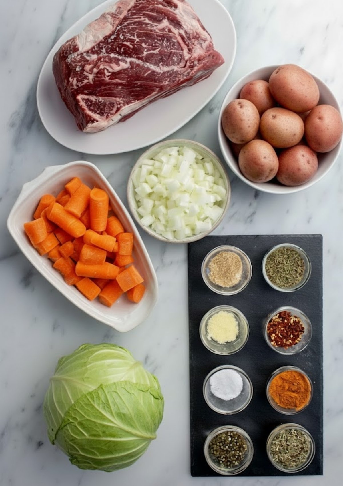 Uncooked brisket, cabbage, potatoes, carrots, onion, and spices arranged on a counter. Easy ingredient prep for a traditional slow cooker corned beef and cabbage recipe.