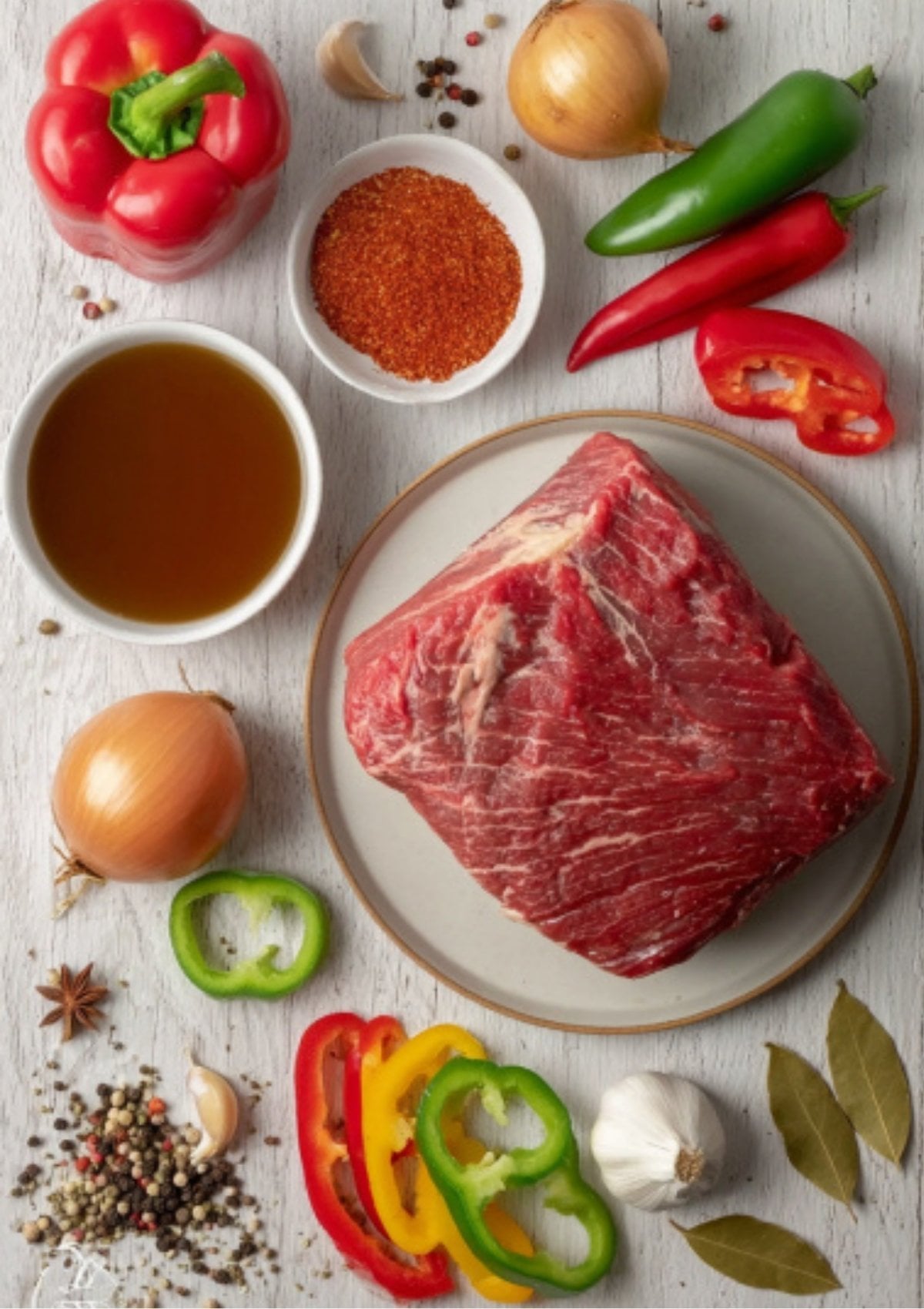 All the ingredients for pressure cooker corned beef: brisket, bell peppers, onions, garlic, spices, broth, and bay leaves. Everything for a delicious homemade meal.