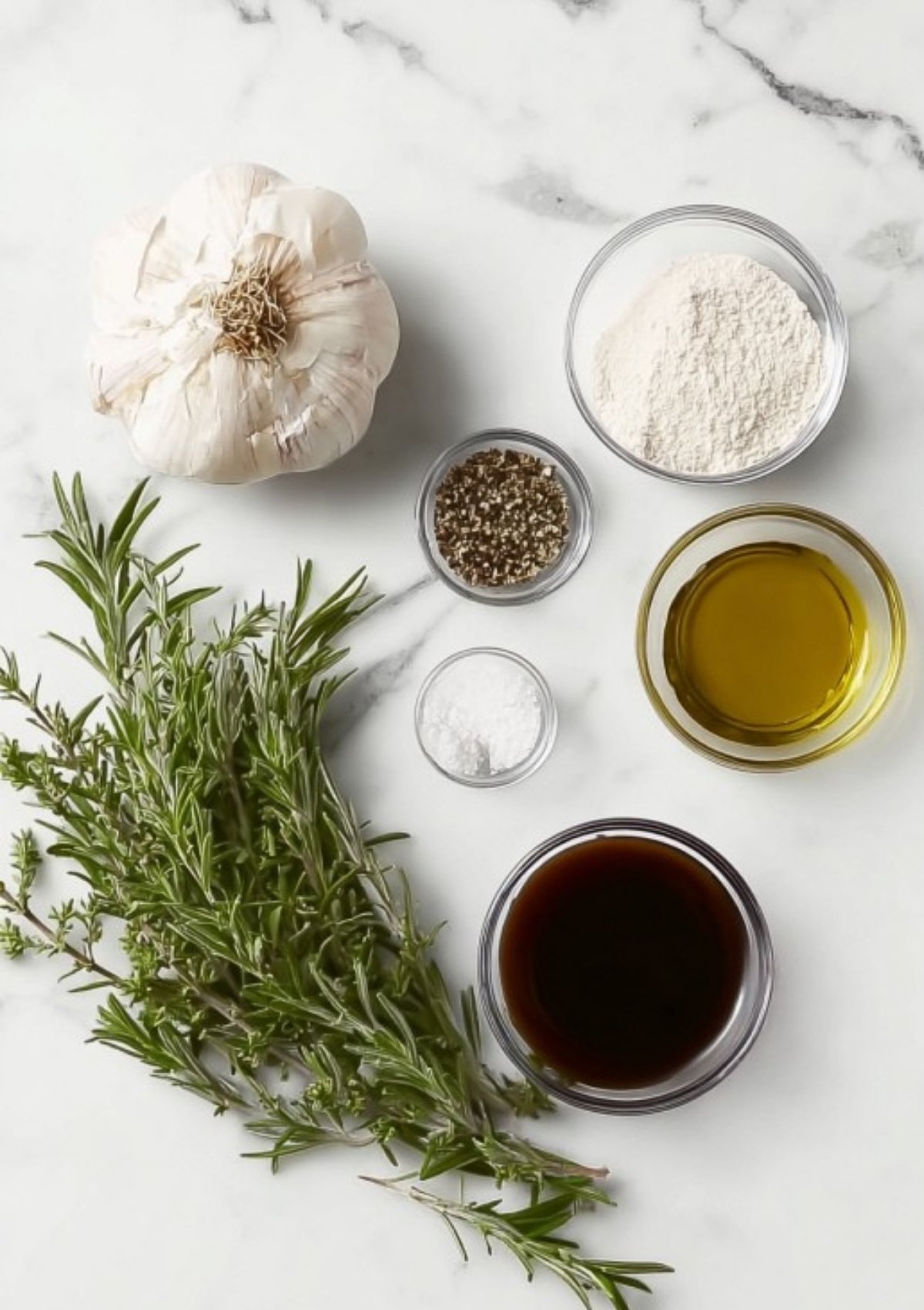 Garlic, rosemary, olive oil, flour, salt, pepper, and stock arranged on a marble surface